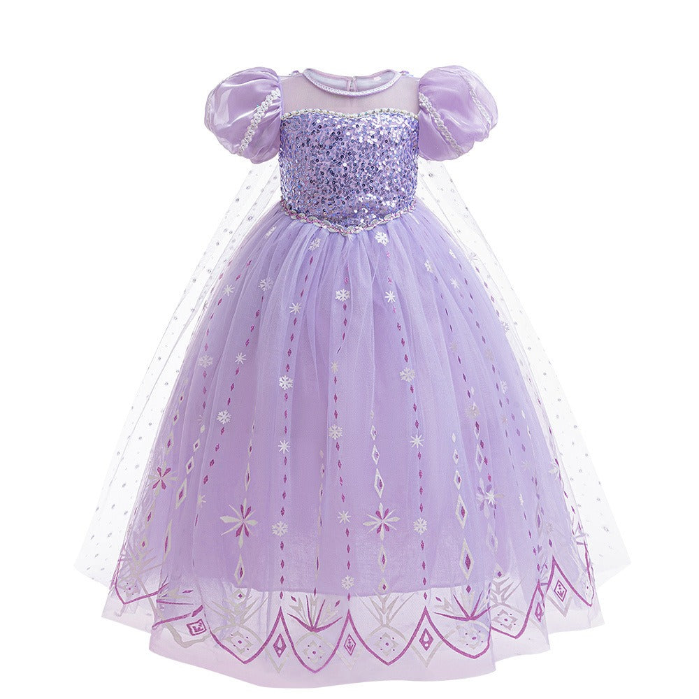 Frozen 2 Elsa Princess Dress Purple Bubble Sleeves Pearl Mesh Girls&