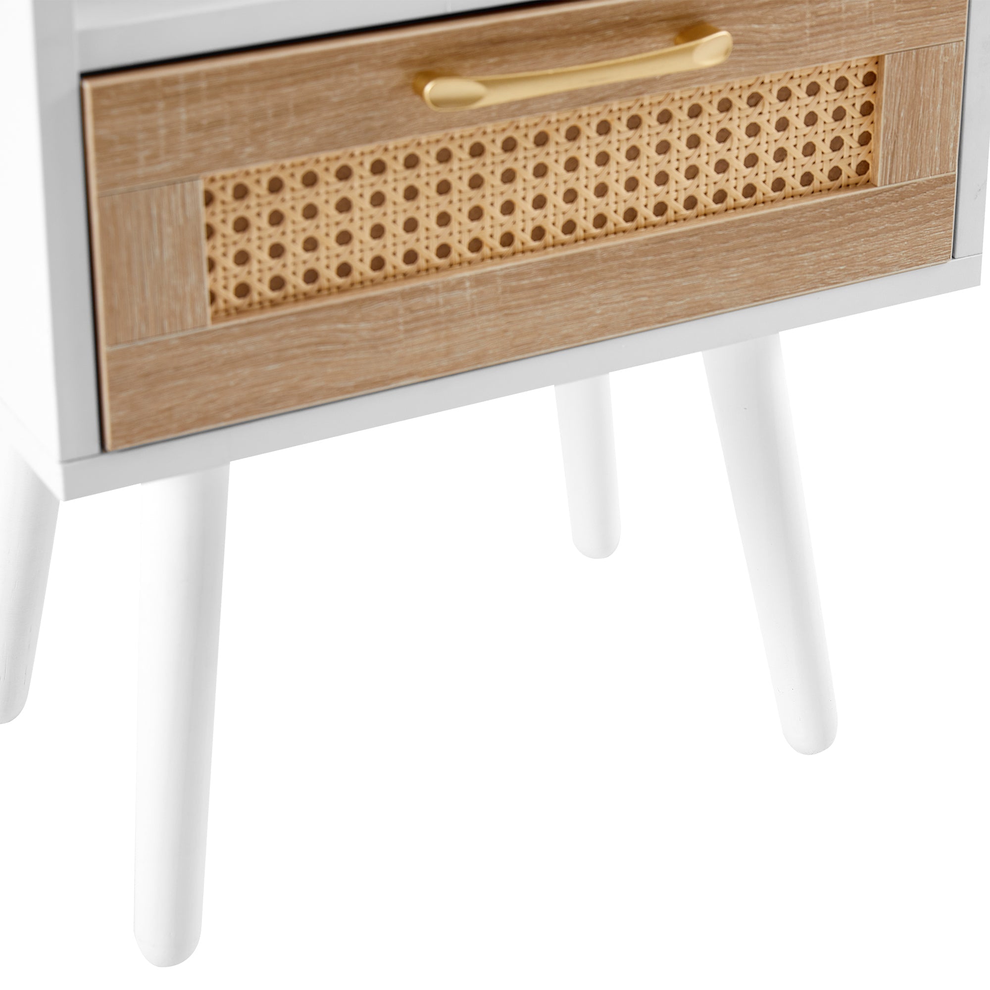 15.75" Rattan End table with drawer and solid wood legs Modern nightstand side table for living room white
