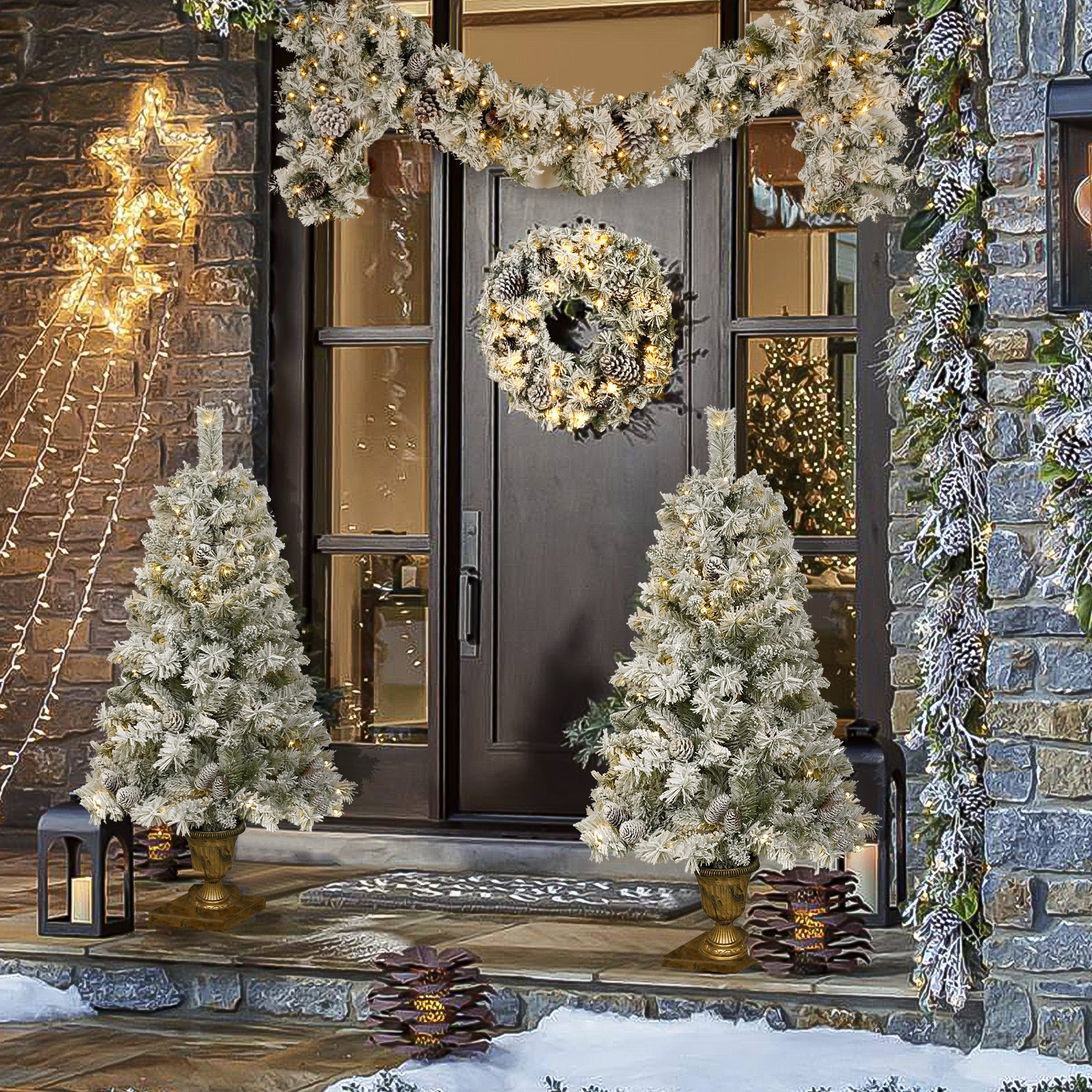 A set of 4 artificial Christmas trees, including flower garlands, flower garlands, and 2 entrance trees, with LED lights