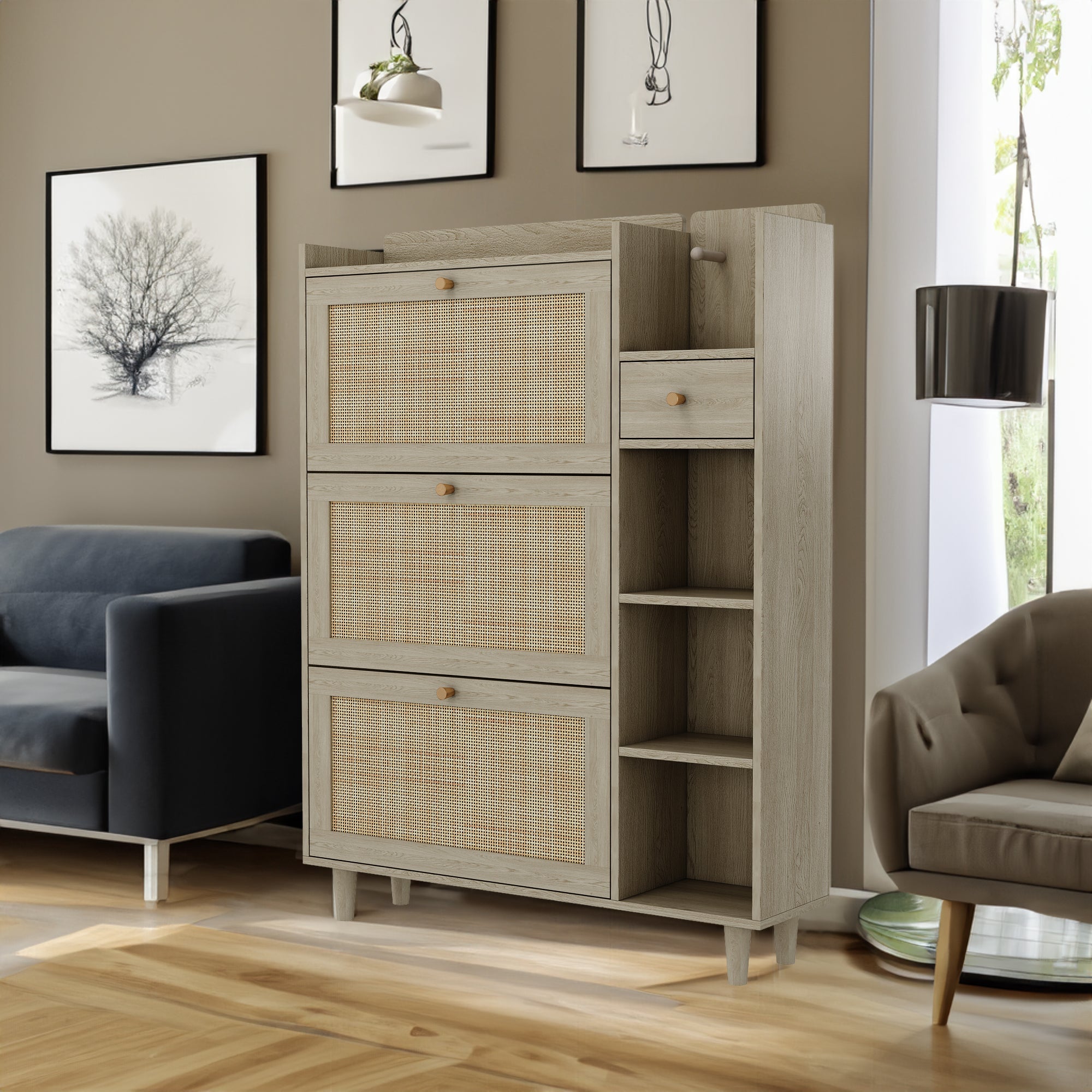 Natural Bohemian style shoe cabinet with 3 rattan flip drawers, 3 square shelves, and 1 storage drawer, Natural