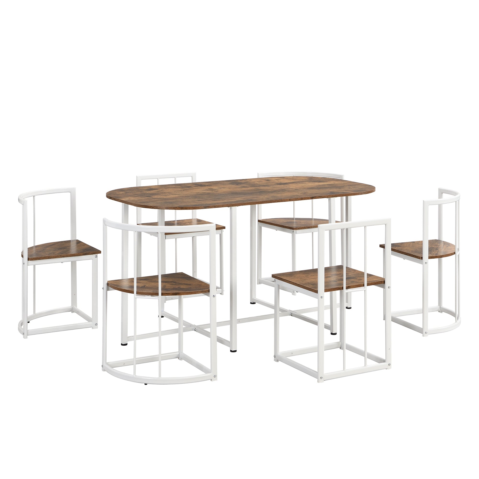 TOPMAX Modern 7-Piece Dining Table Set with Faux Marble Compact 55Inch Kitchen Table Set for 6 White+Cherry