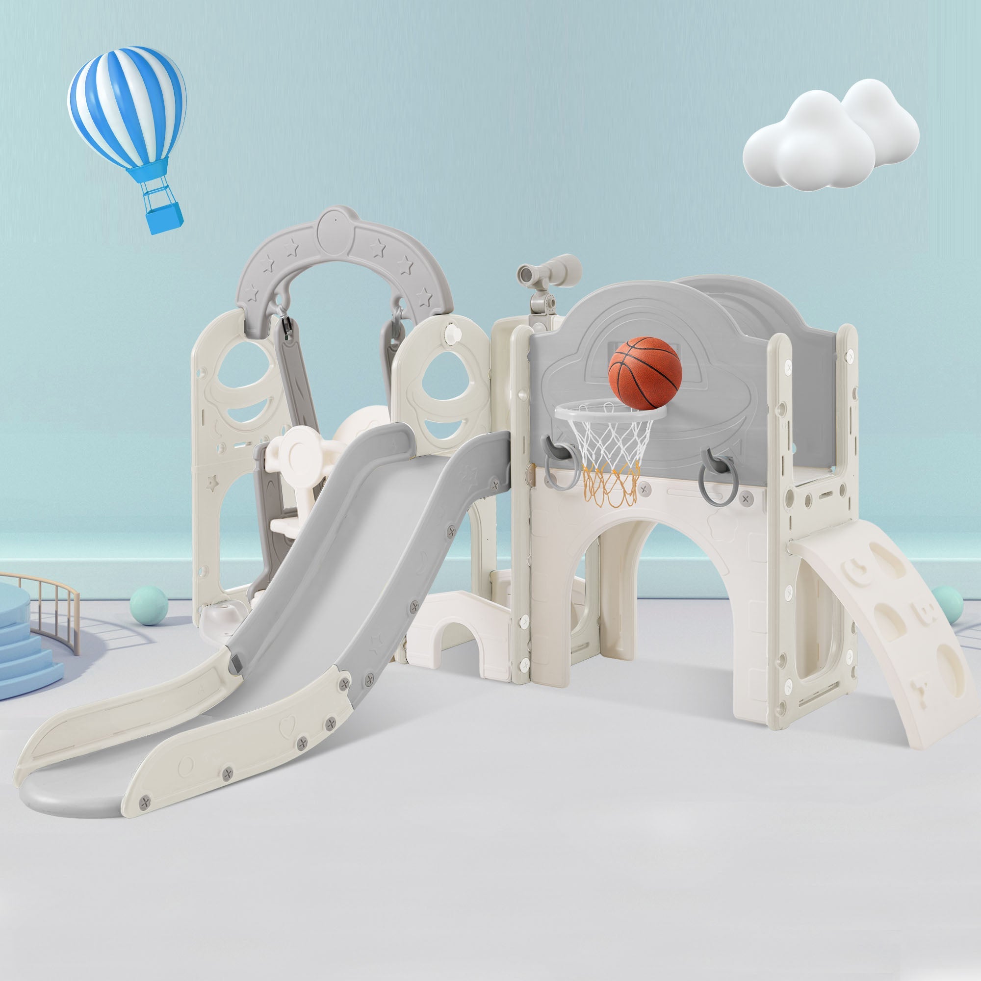 Toddler Slide and Swing Set 7 in 1, Kids Playground Climber Slide Playset with Basketball Hoop Freestanding Combination