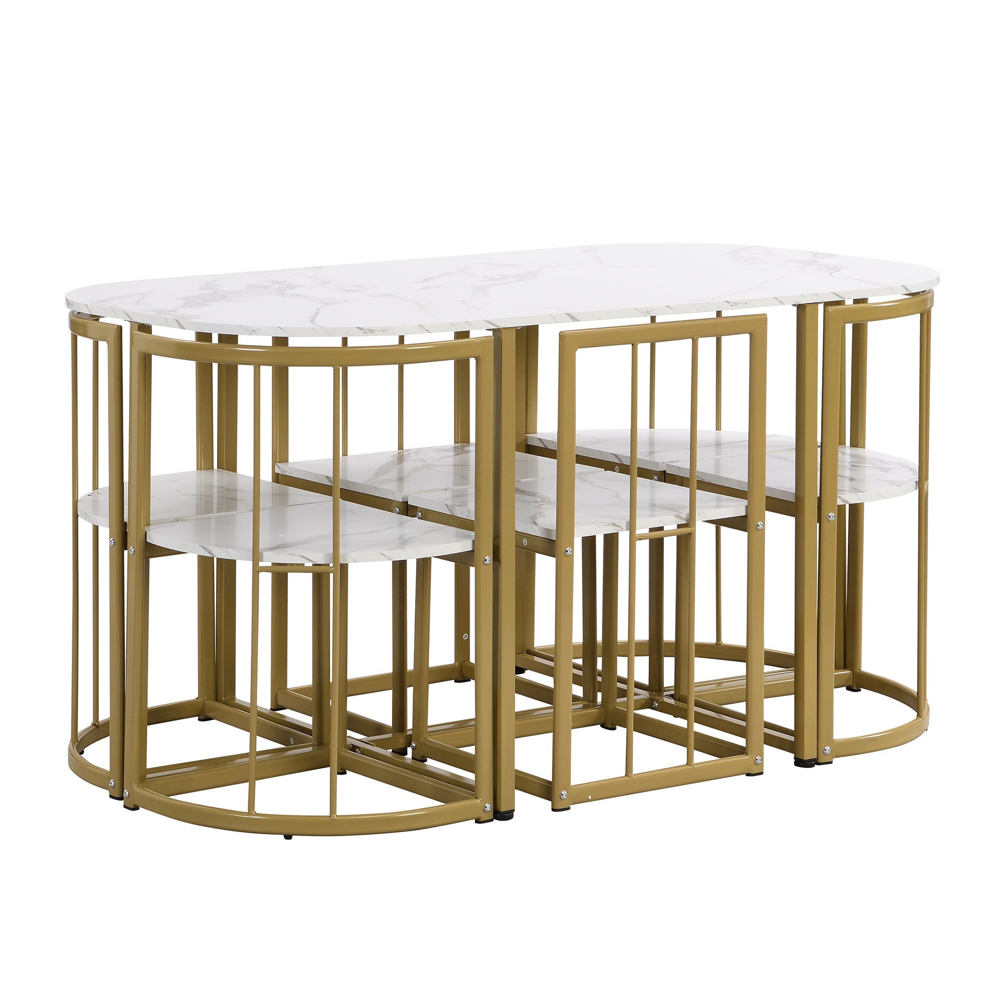 TOPMAX Modern 7-Piece Dining Table Set with Faux Marble Compact 55Inch Kitchen Table Set for 6 Golden+White