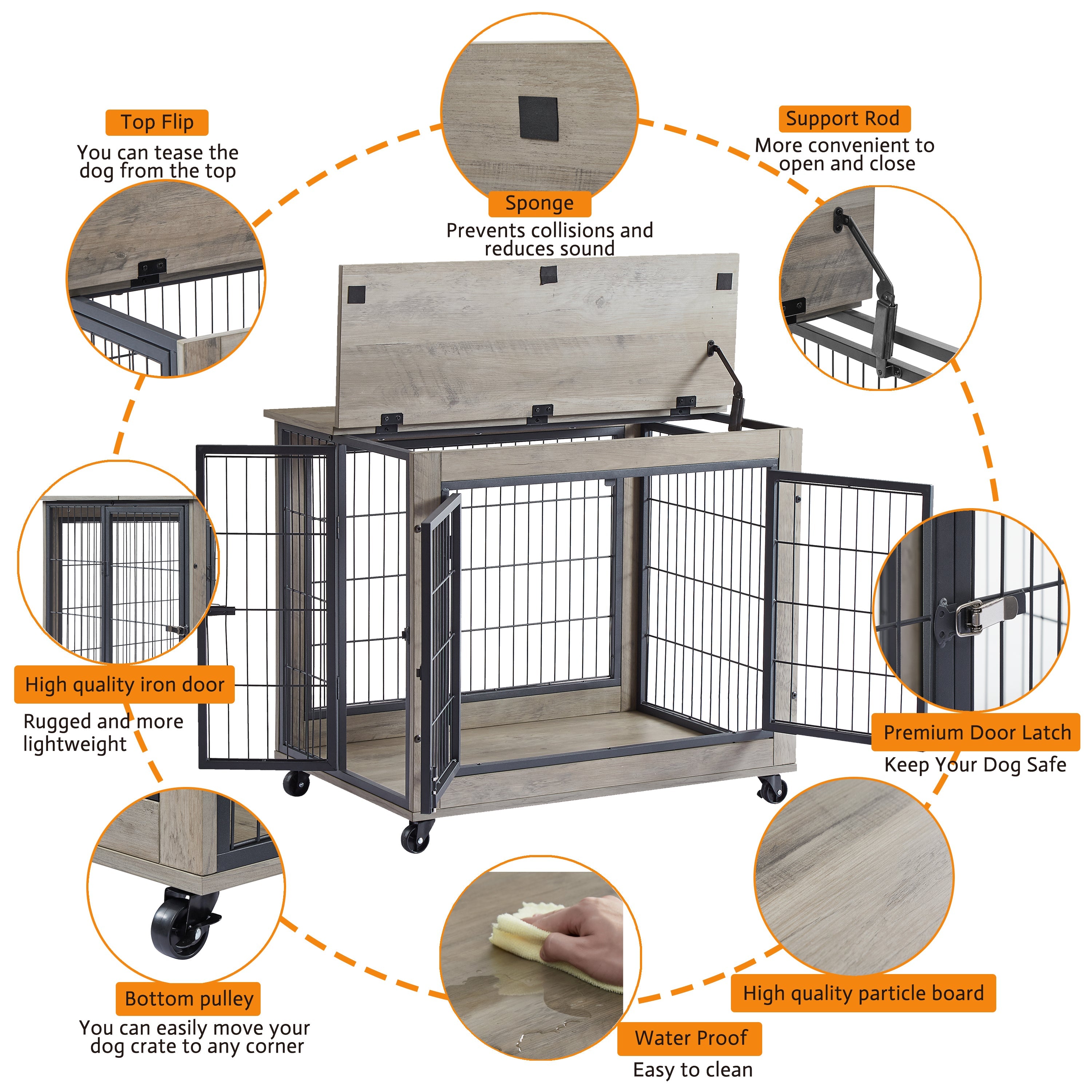 Furniture Dog Cage Crate with Double Doors on Casters. Grey, 31.50&