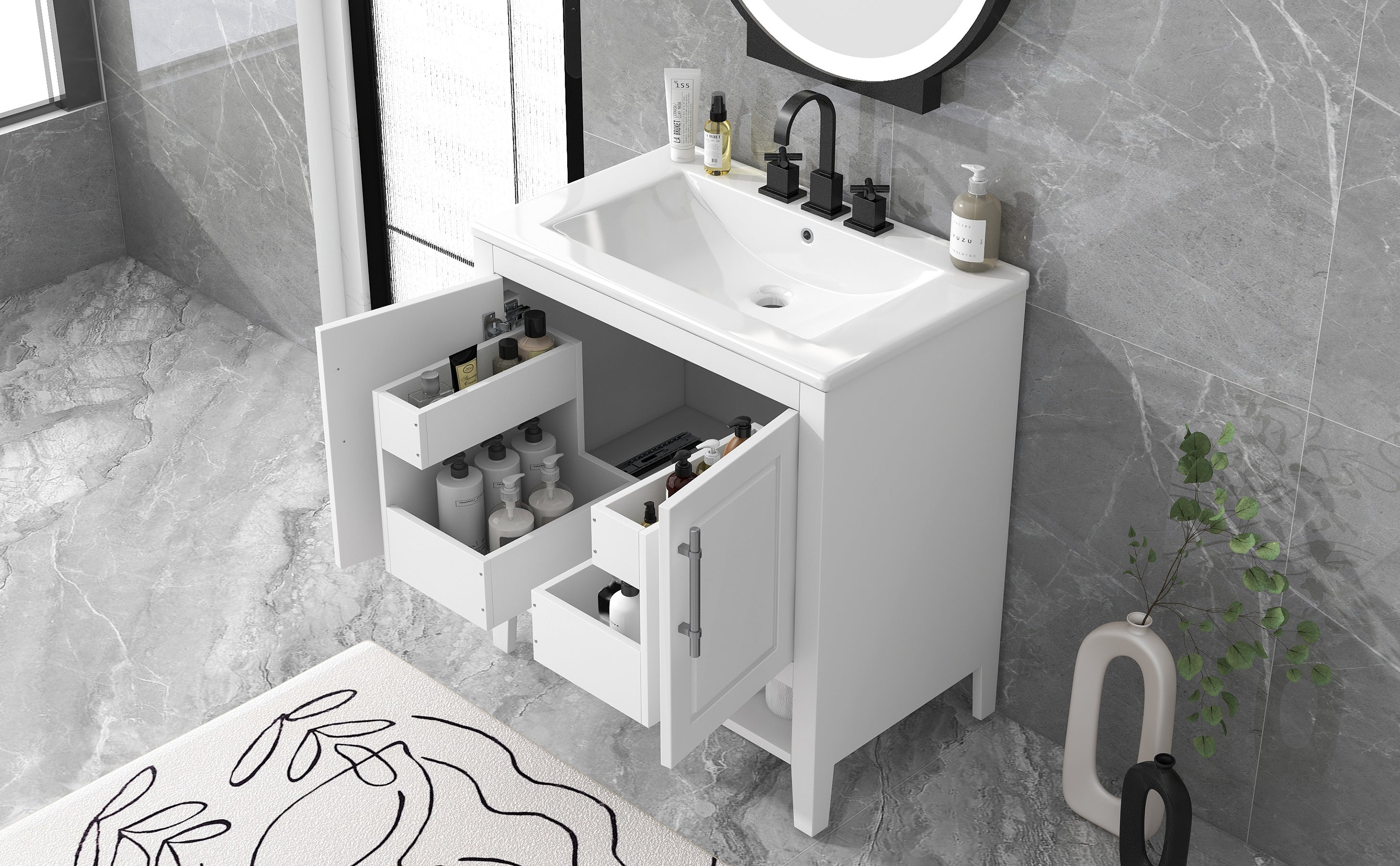 30" Bathroom Vanity with Sink Multi-functional Bathroom Cabinet with Doors and Drawers Solid Frame and MDF Board, White