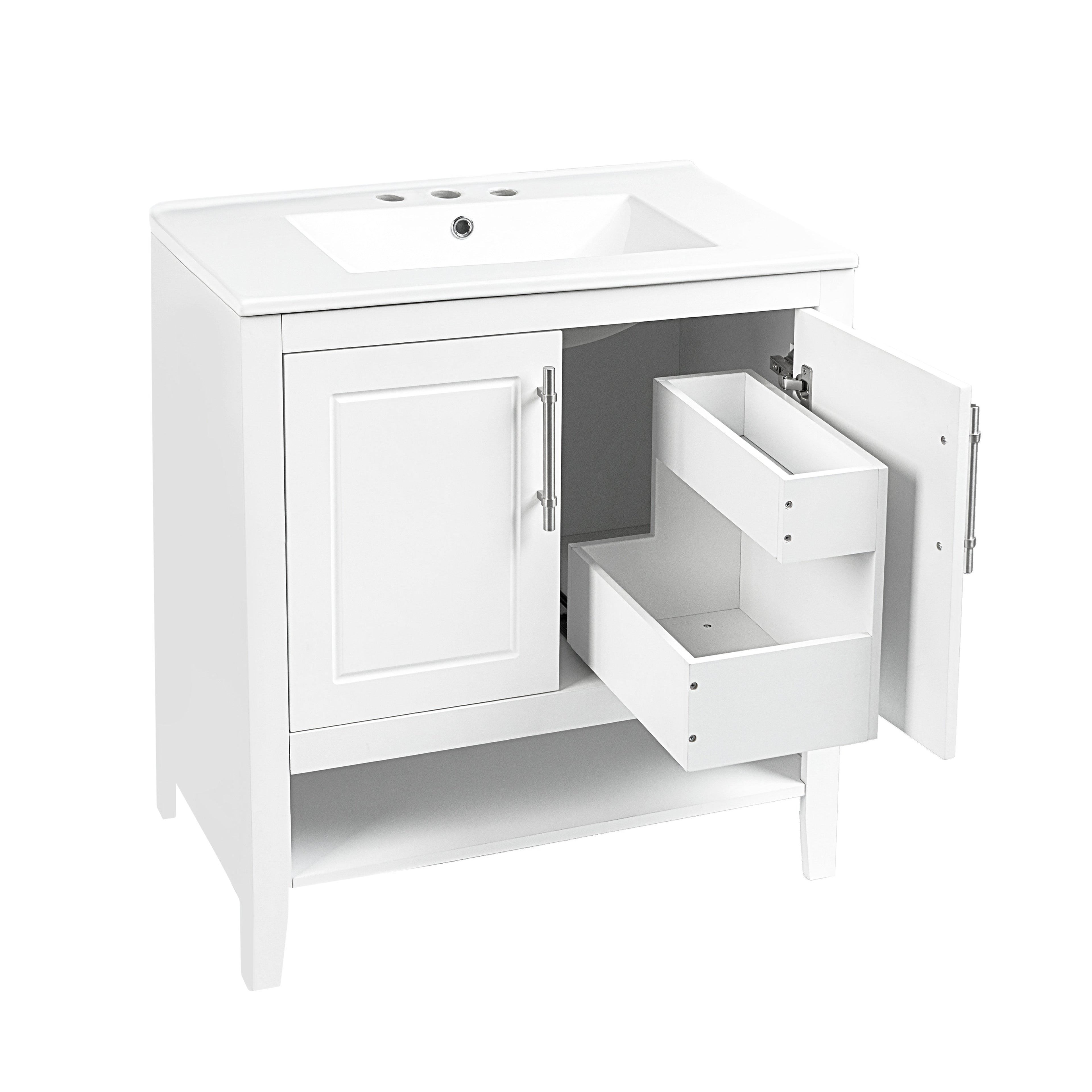 30" Bathroom Vanity with Sink Multi-functional Bathroom Cabinet with Doors and Drawers Solid Frame and MDF Board, White
