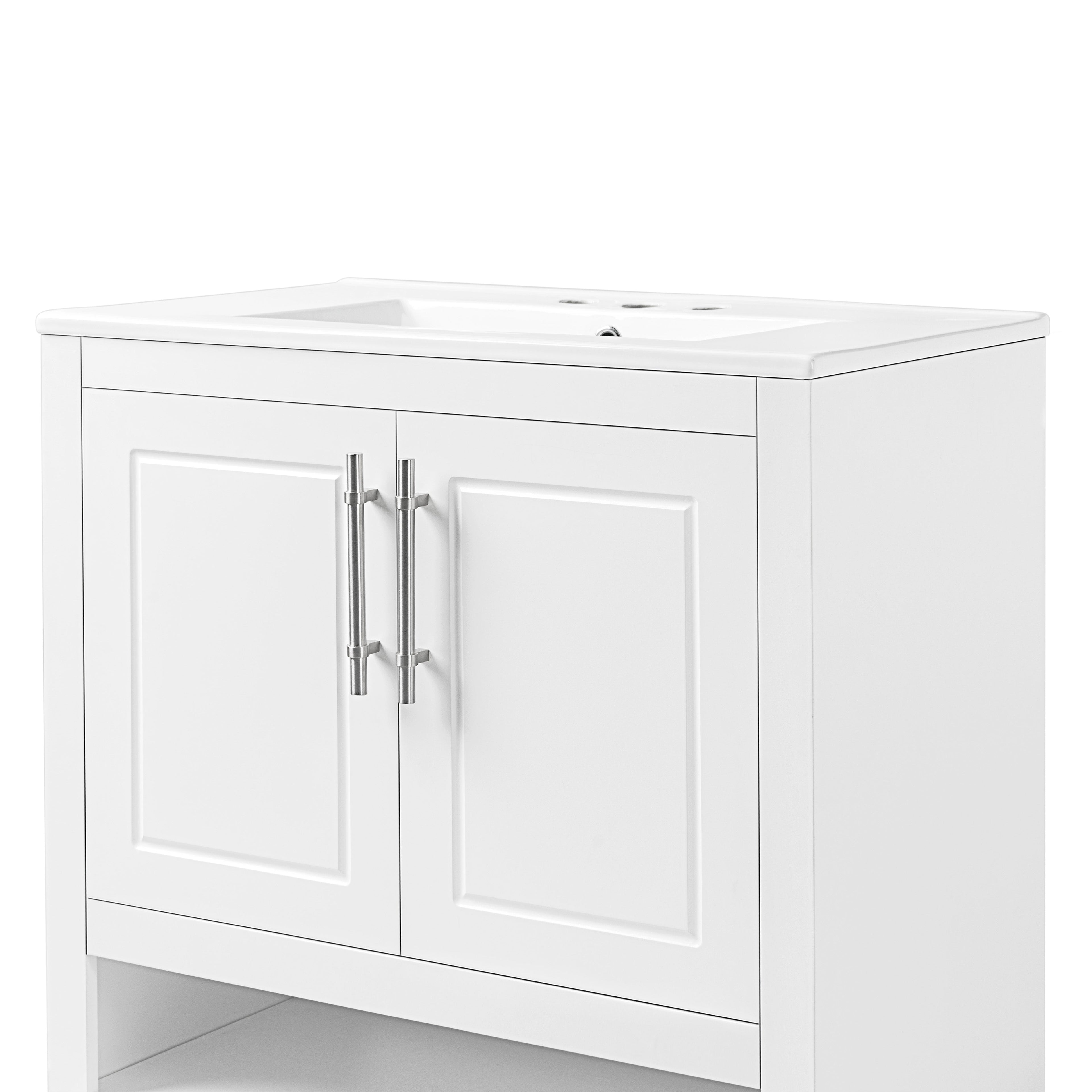 30" Bathroom Vanity with Sink Multi-functional Bathroom Cabinet with Doors and Drawers Solid Frame and MDF Board, White