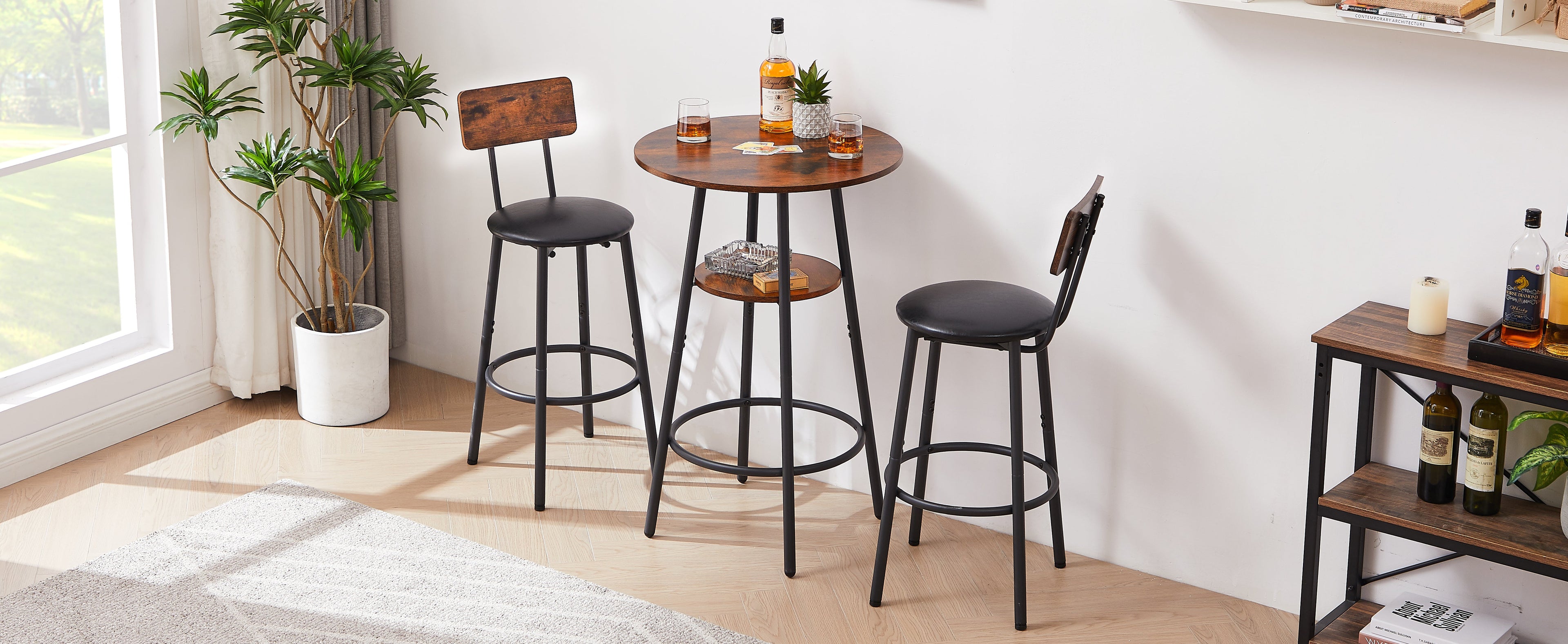 Round bar stool set with shelf upholstered stool with backrest Rustic Brown 23.62&