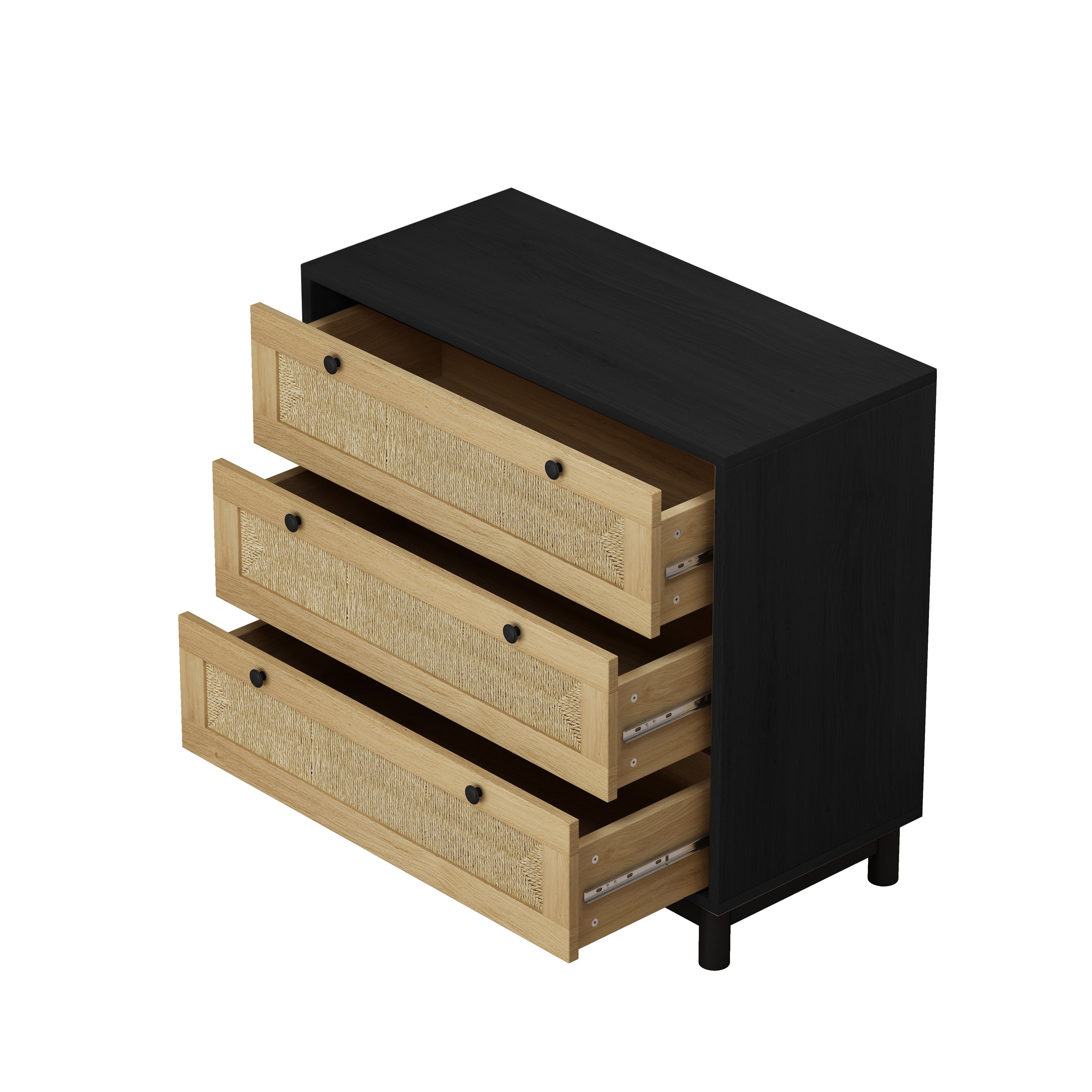 30.31"3-Drawers Storage Cabinet Rope Woven Drawer,for Bedroom,Living Room,Dining Room,Hallways,Black