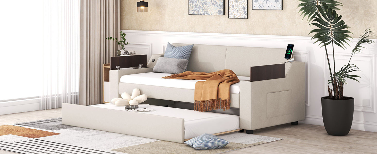 Twin Size Upholstery Daybed with Storage Arms Trundle and USB Design Beige