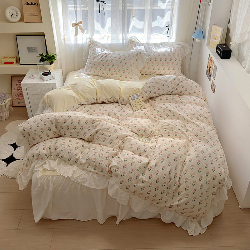 Skin friendly French romantic lace washed cotton printed bed bedding skirt four piece set of bed sheets bedsheet