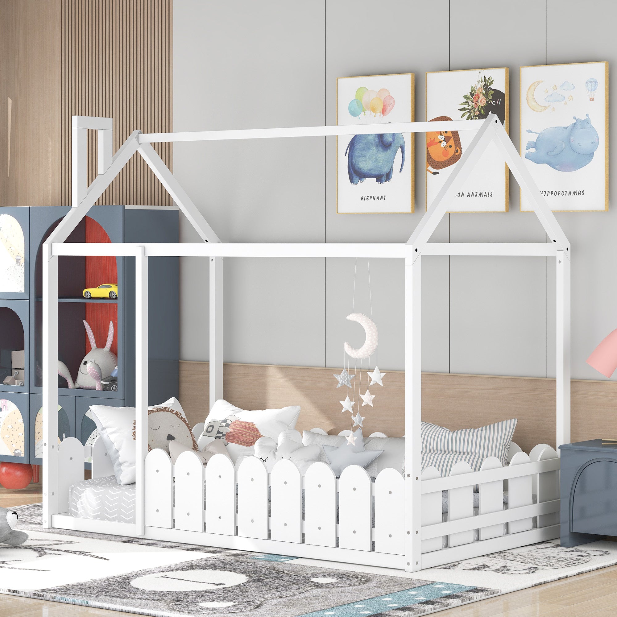 {Slats are not included}Twin Size Wood Bed House Bed Frame with Fence for KidsTeens Girls Boys {White}