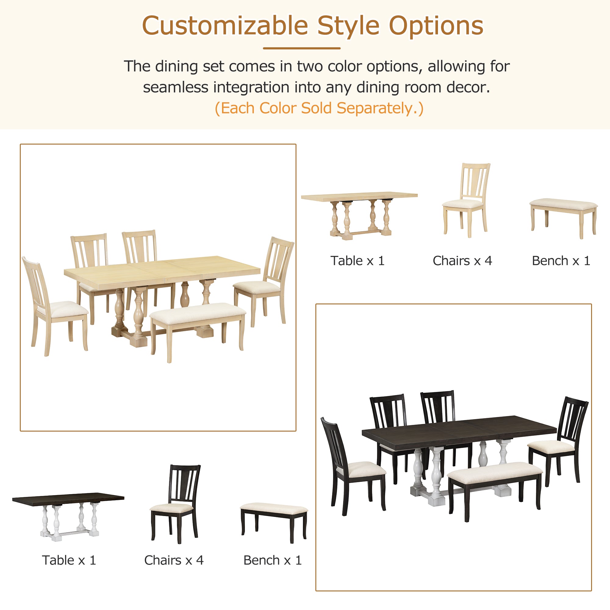 Traditional 6-Piece 78inch Trestle Extendable Dining Table Set with One 18inch Removable Leaf Padded Dining Chairs Bench,Natural