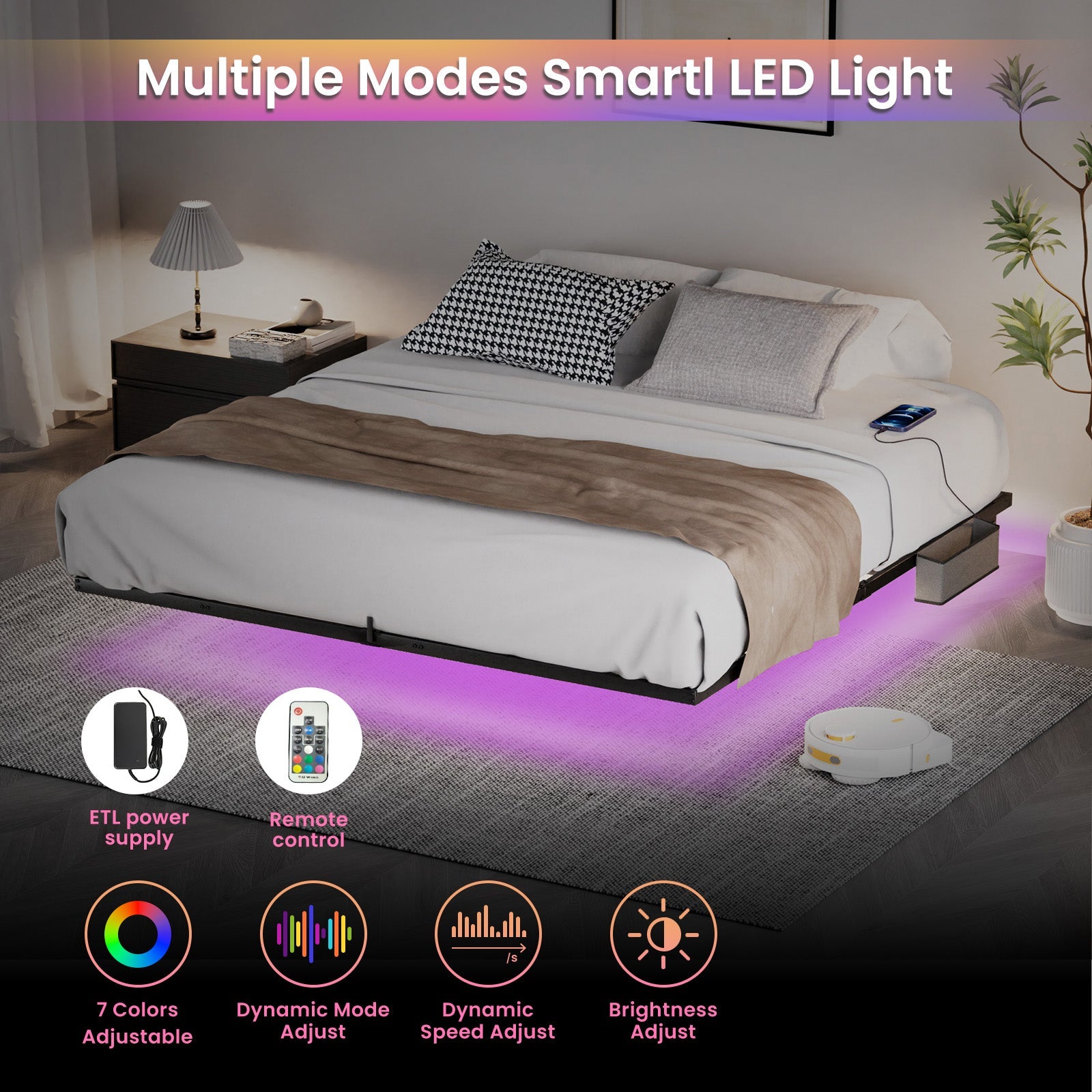 Floating Bed Frame King Size with LED Lights & charging station, Metal Platform Queen Bed, 79.9&