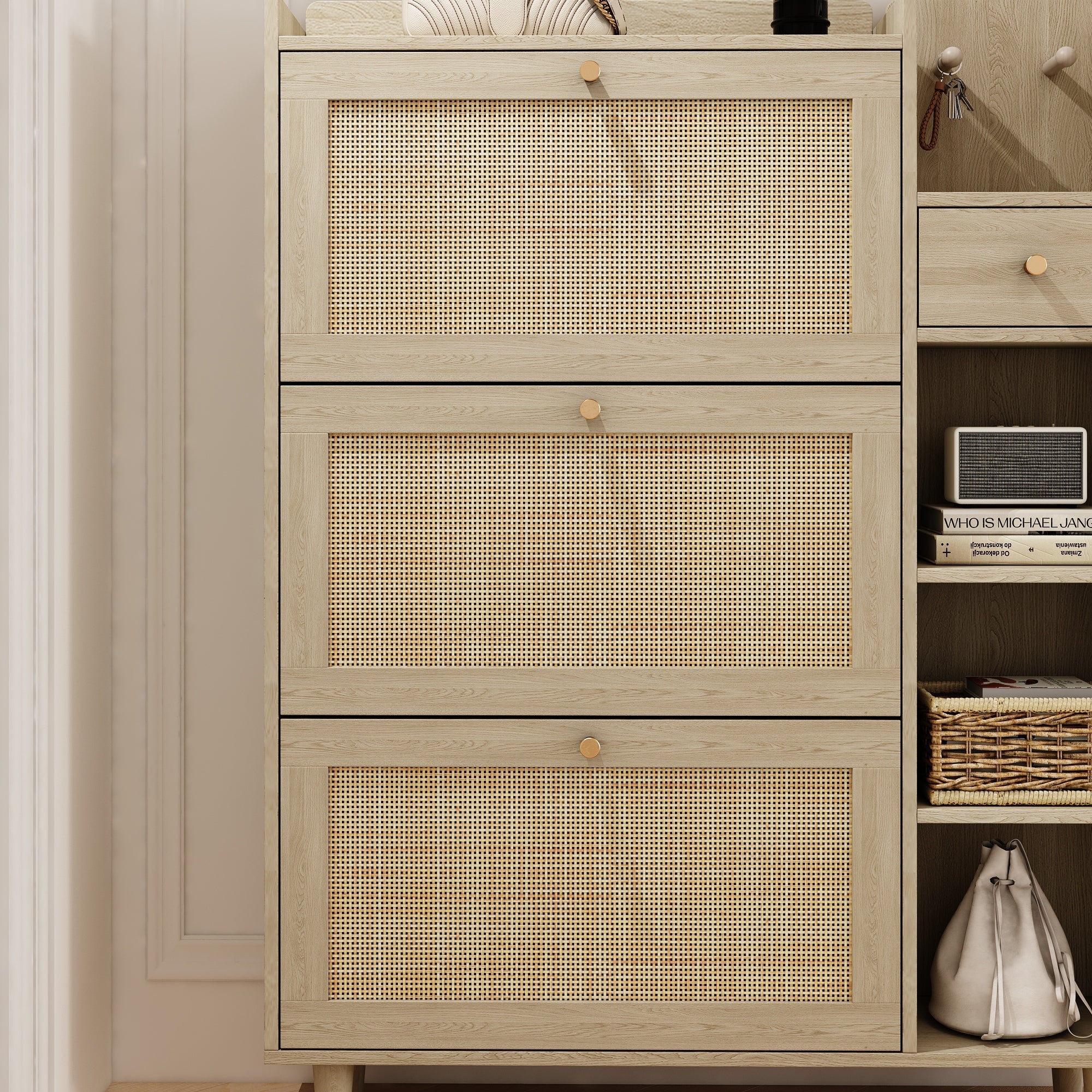 Natural Bohemian style shoe cabinet with 3 rattan flip drawers, 3 square shelves, and 1 storage drawer, Natural