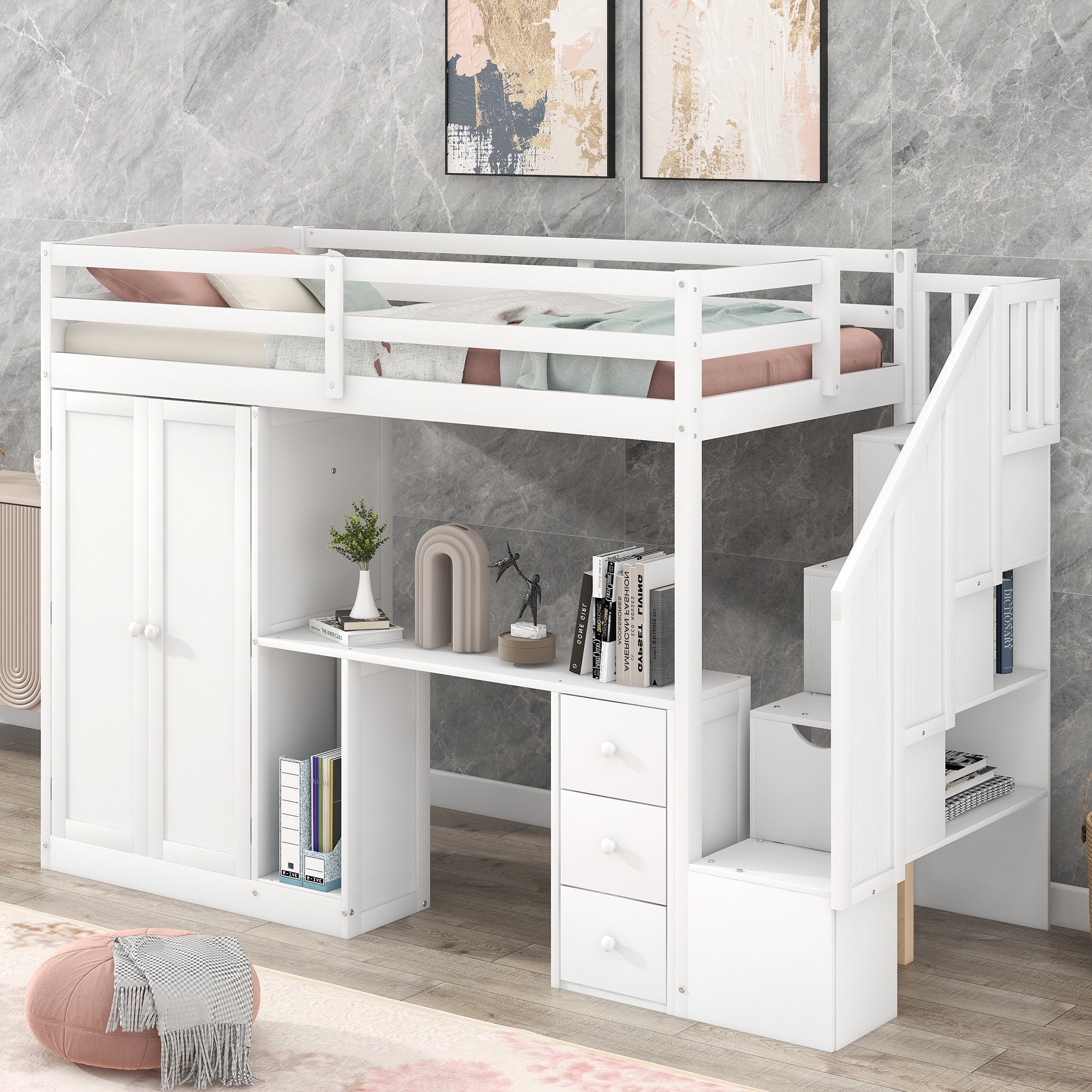 Twin Size Loft Bed with Wardrobe and Staircase, Desk and Storage Drawers and Cabinet in 1 White