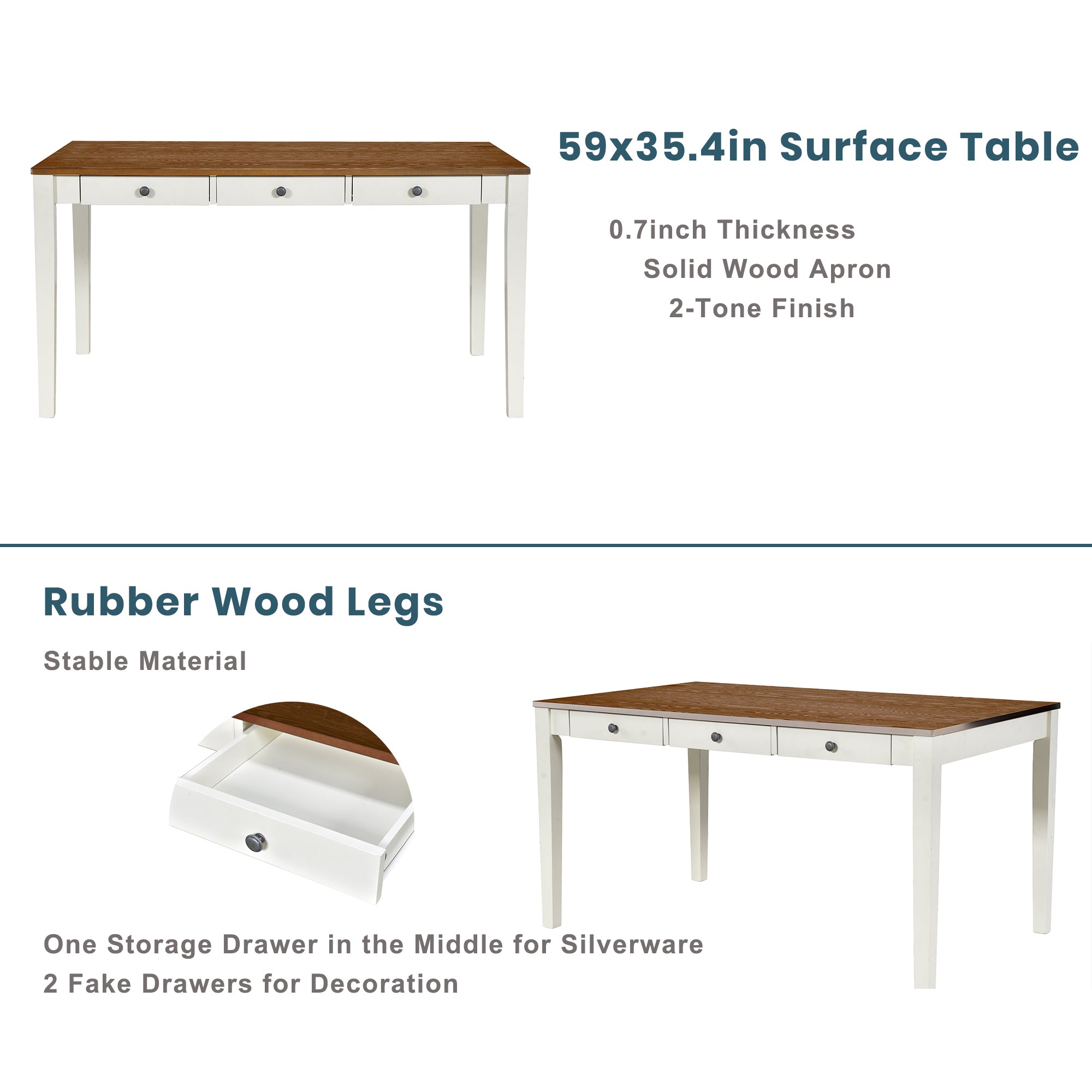 TOPMAX Mid-Century 6-Piece Wood Dining Table Set, Kitchen Table Set with Drawer Upholstered Chairs and Bench Butter Milk