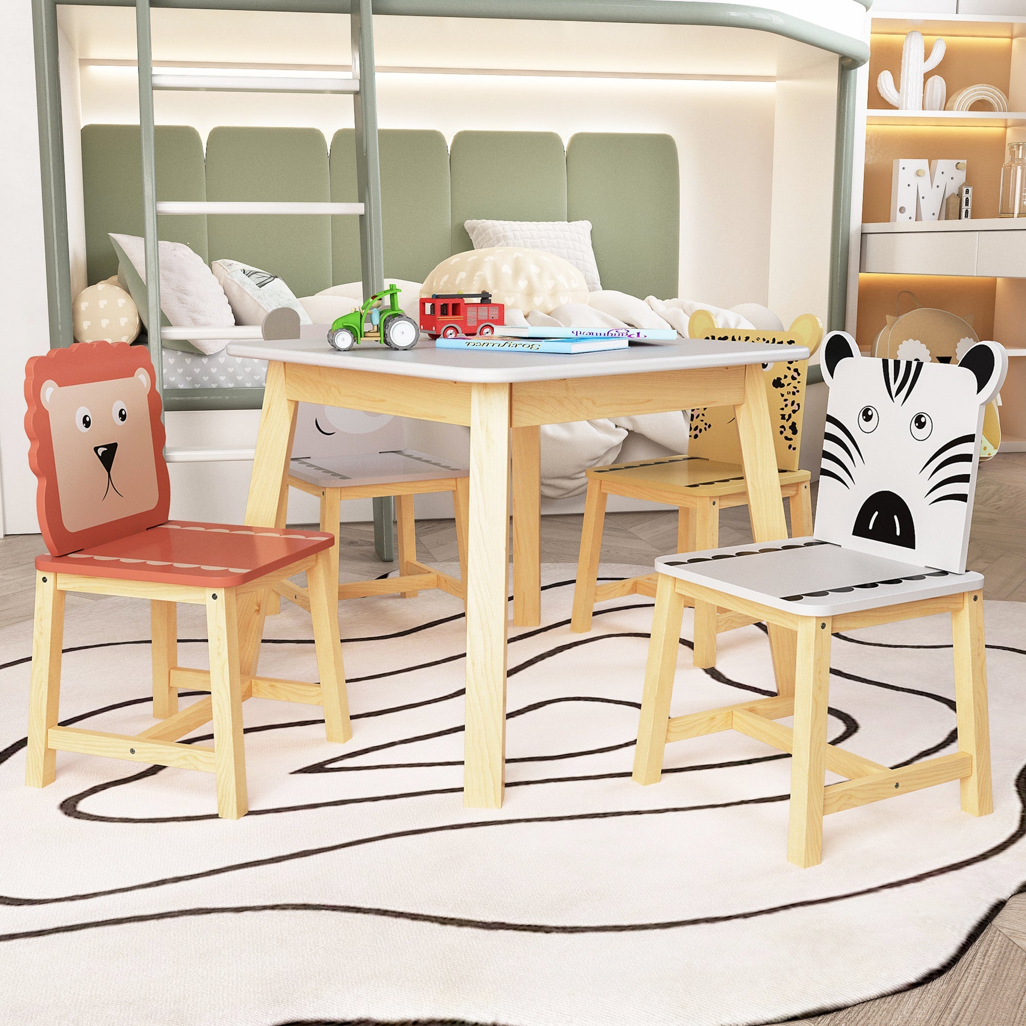 5 Piece Kiddy Table and Chair Set Kids Wood Table with 4 Chairs Set Cartoon Animals (bigger table) (3-8 years old)