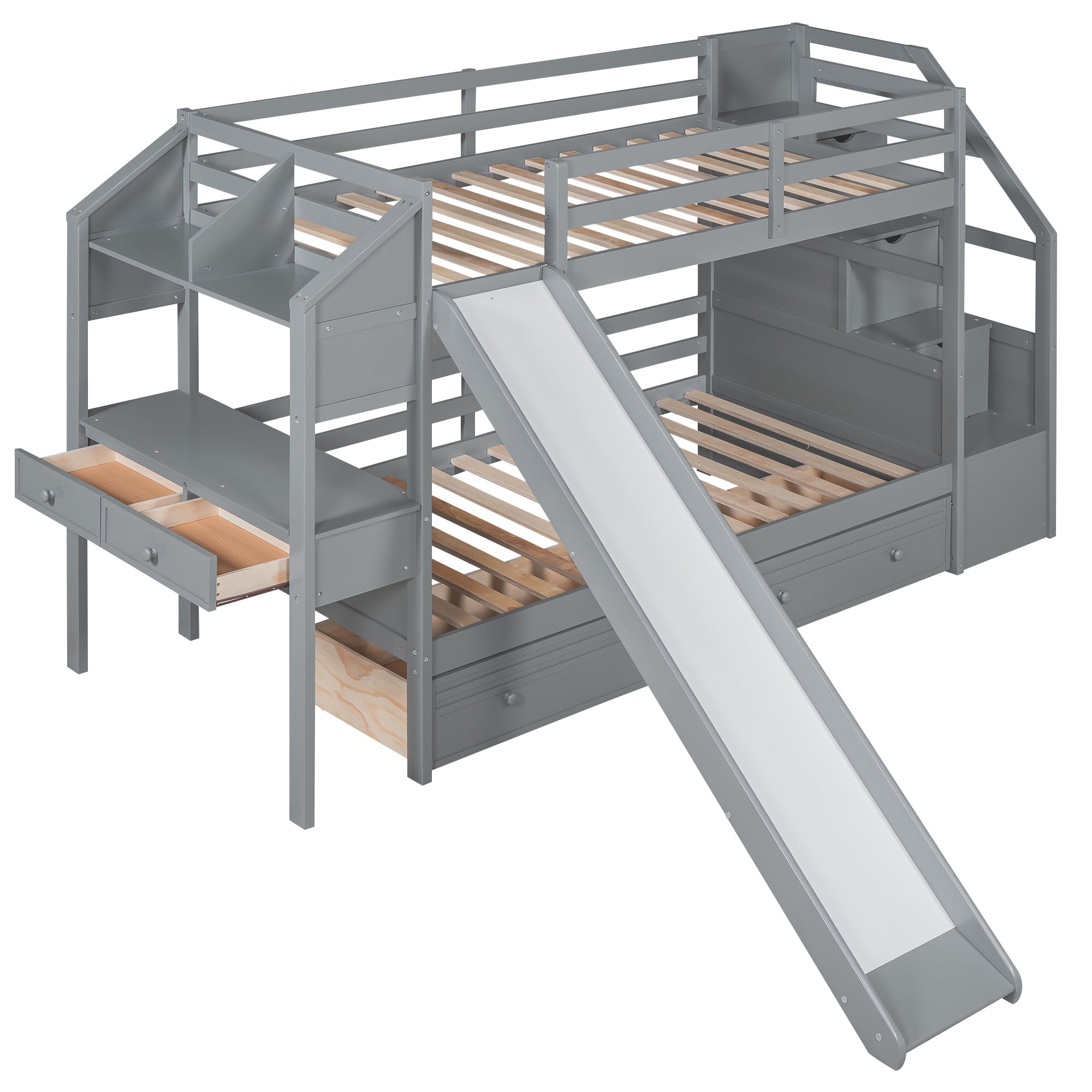 Twin over Twin Bunk Bed with Storage Staircase, Slide and Drawers, Desk with Drawers and Shelves Gray