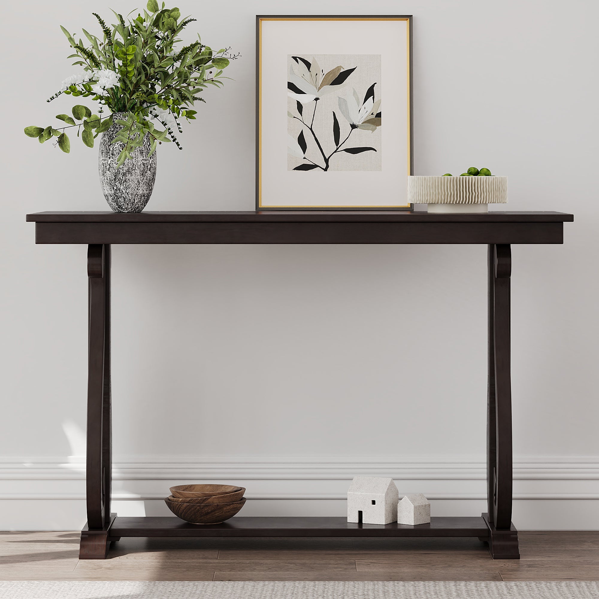 48-Inch Rustic Vintage Console Table --- Farmhouse Style Entryway Table with Open Shelf and Sturdy Construction (Espresso)