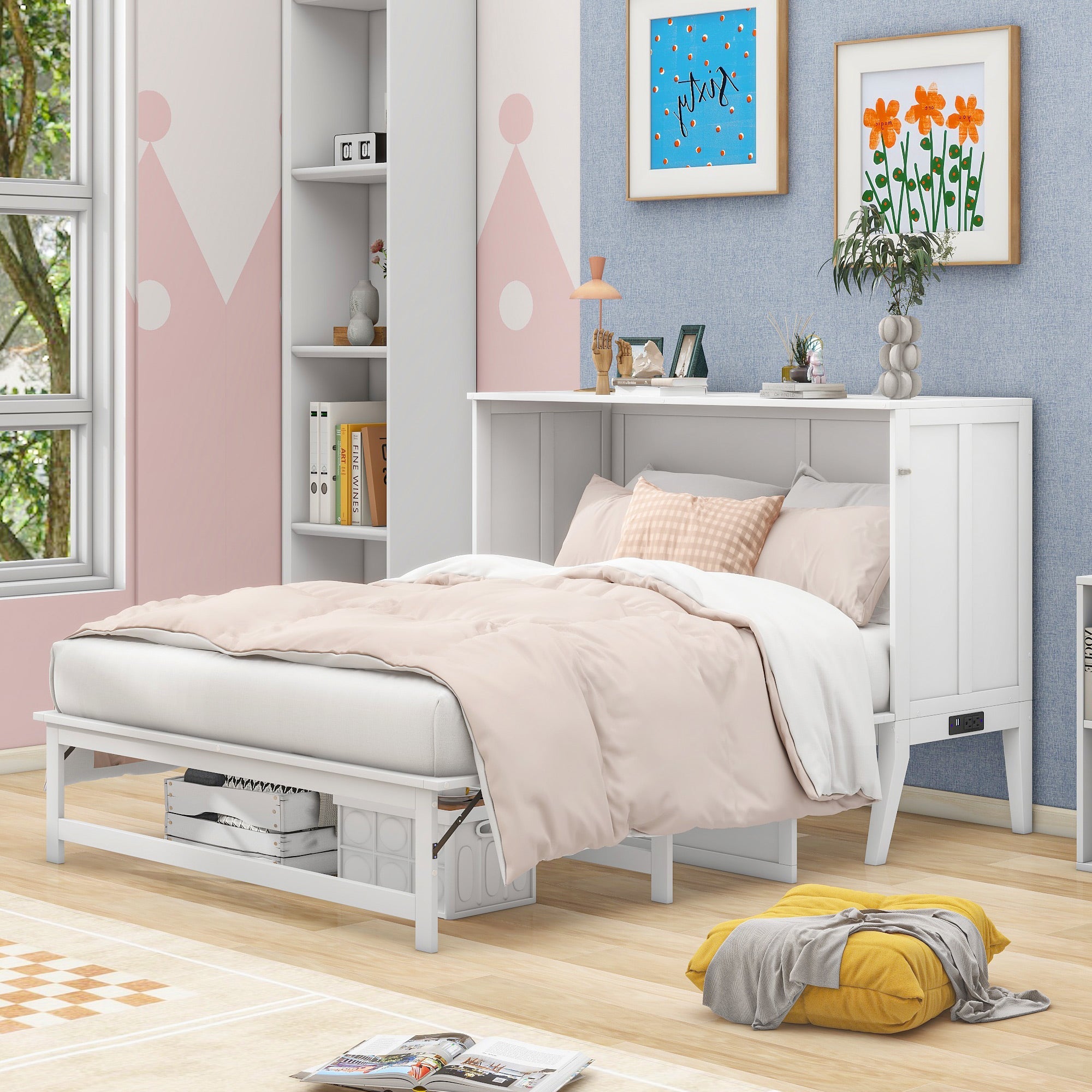 Queen Size Murphy Bed with Built-In Charging Station and a Shelf White