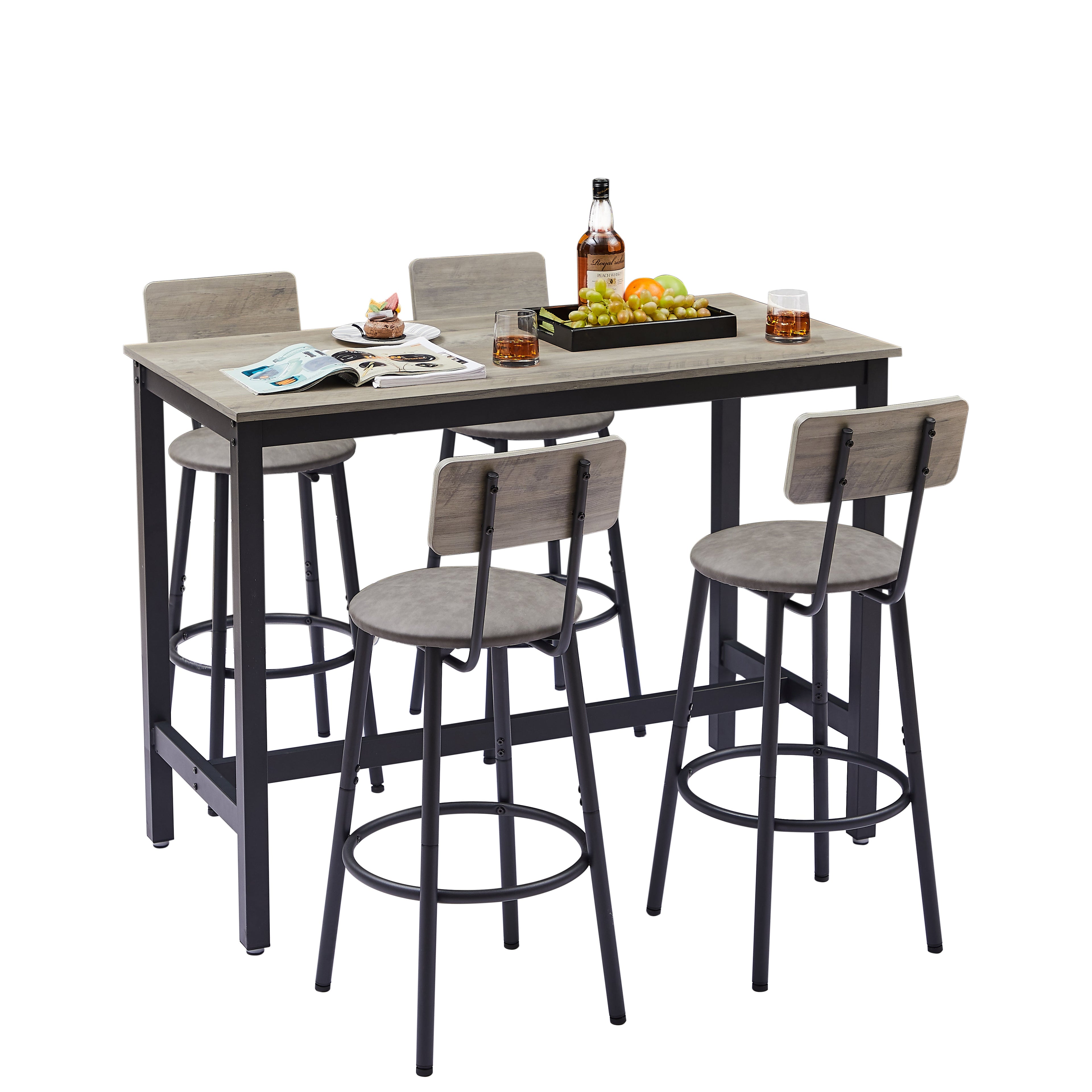 Bar Table Set with 4 Bar stools PU Soft seat with backrest Grey 47.24&