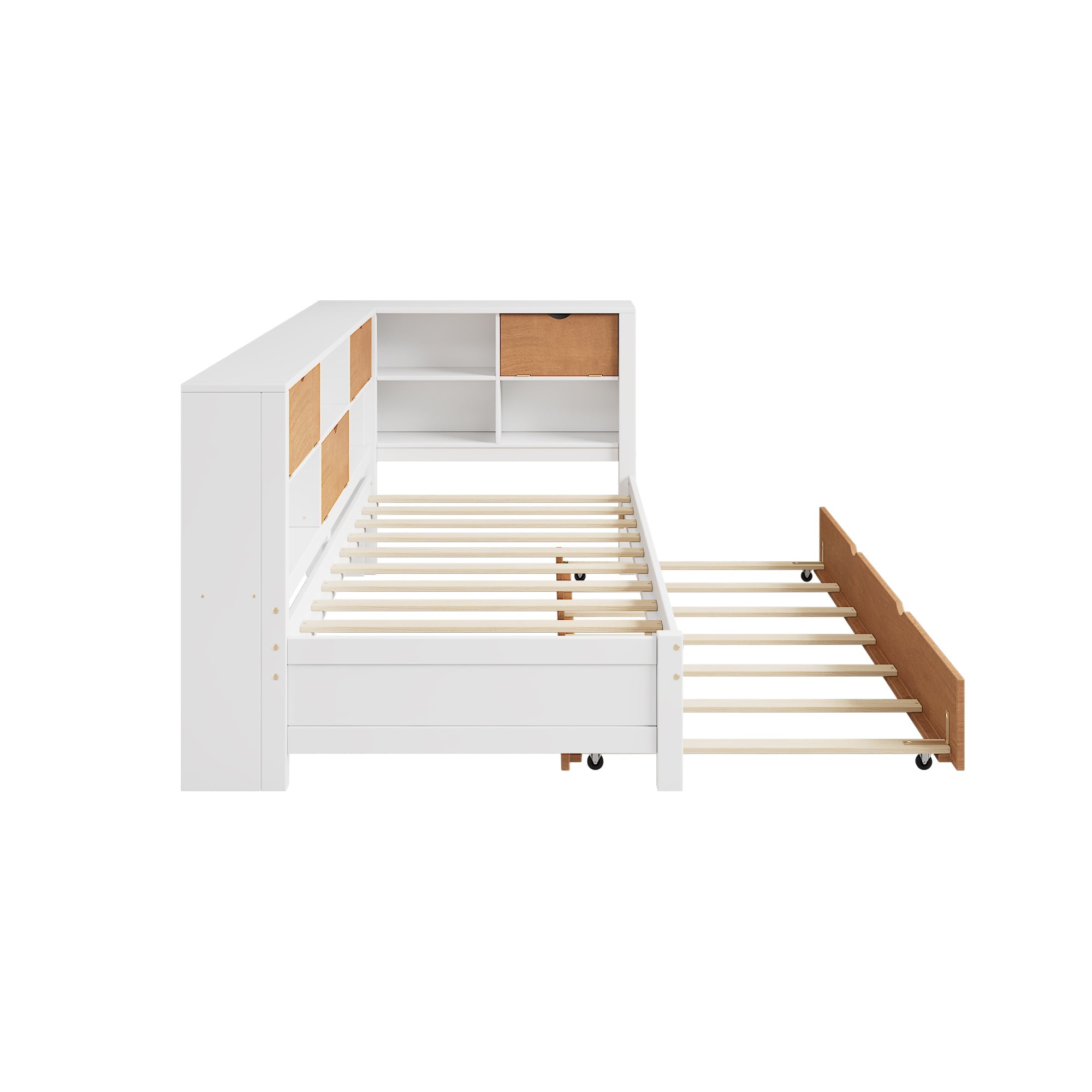 L-shaped bed frame with luggage and bookshelf, corner bed wooden captain&