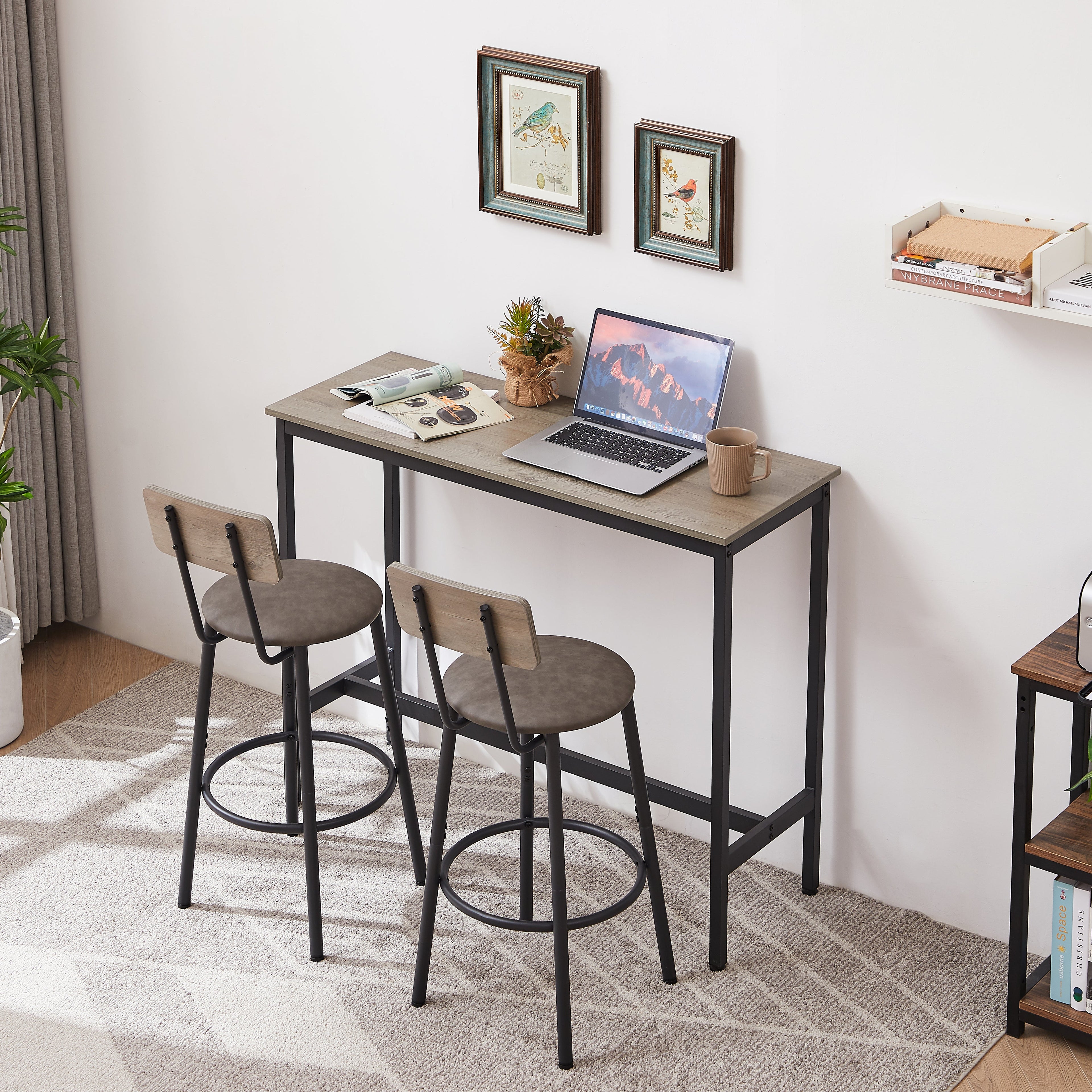 Bar Table Set with 2 Bar stools PU Soft seat with backrest Grey 43.31&