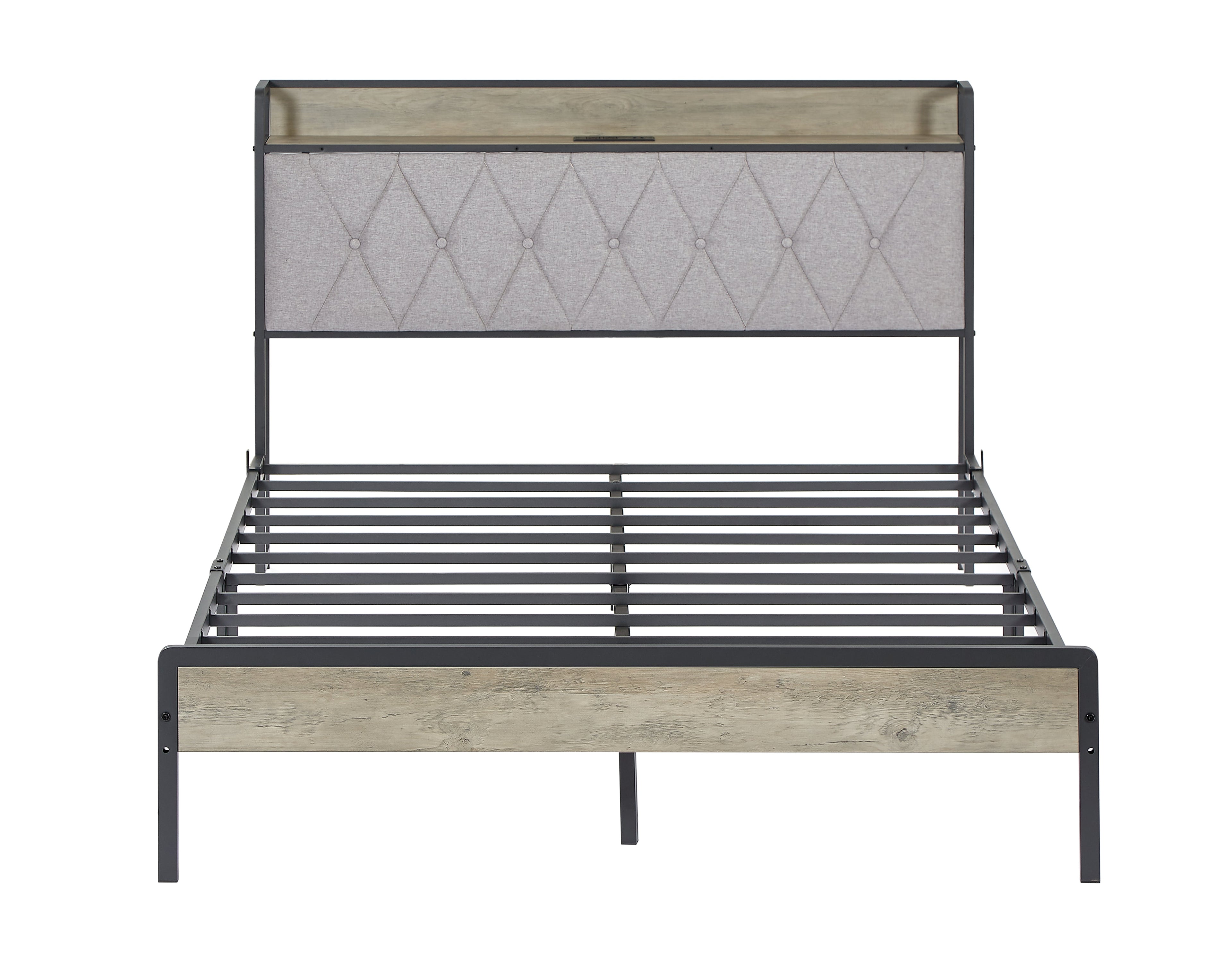 Bed frame with charging station full size, Grey, 83.1&