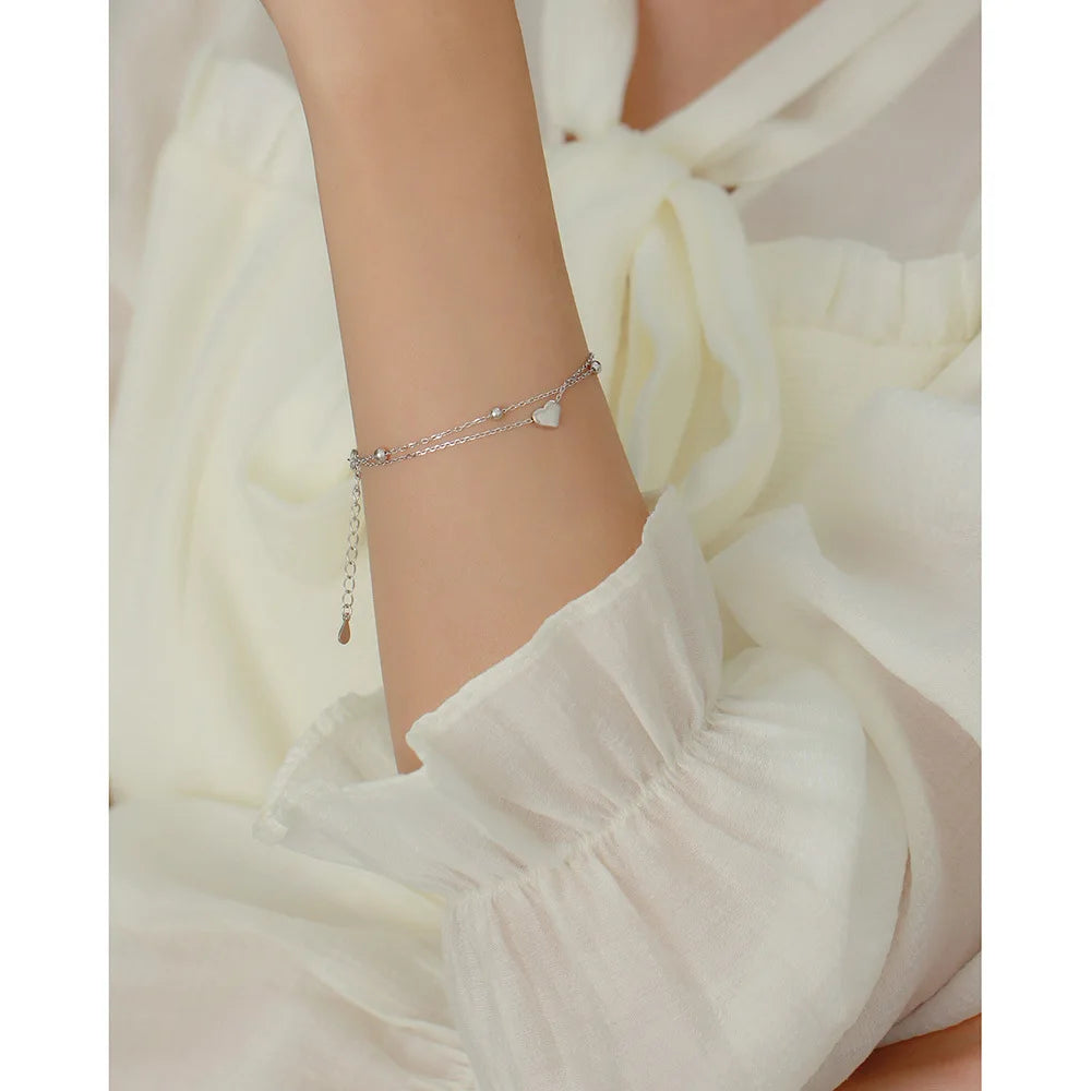 925 Sterling Silver Double Layer Heart-shaped Bracelet for Women Girl Korean Style Small Fresh Summer Bracelet