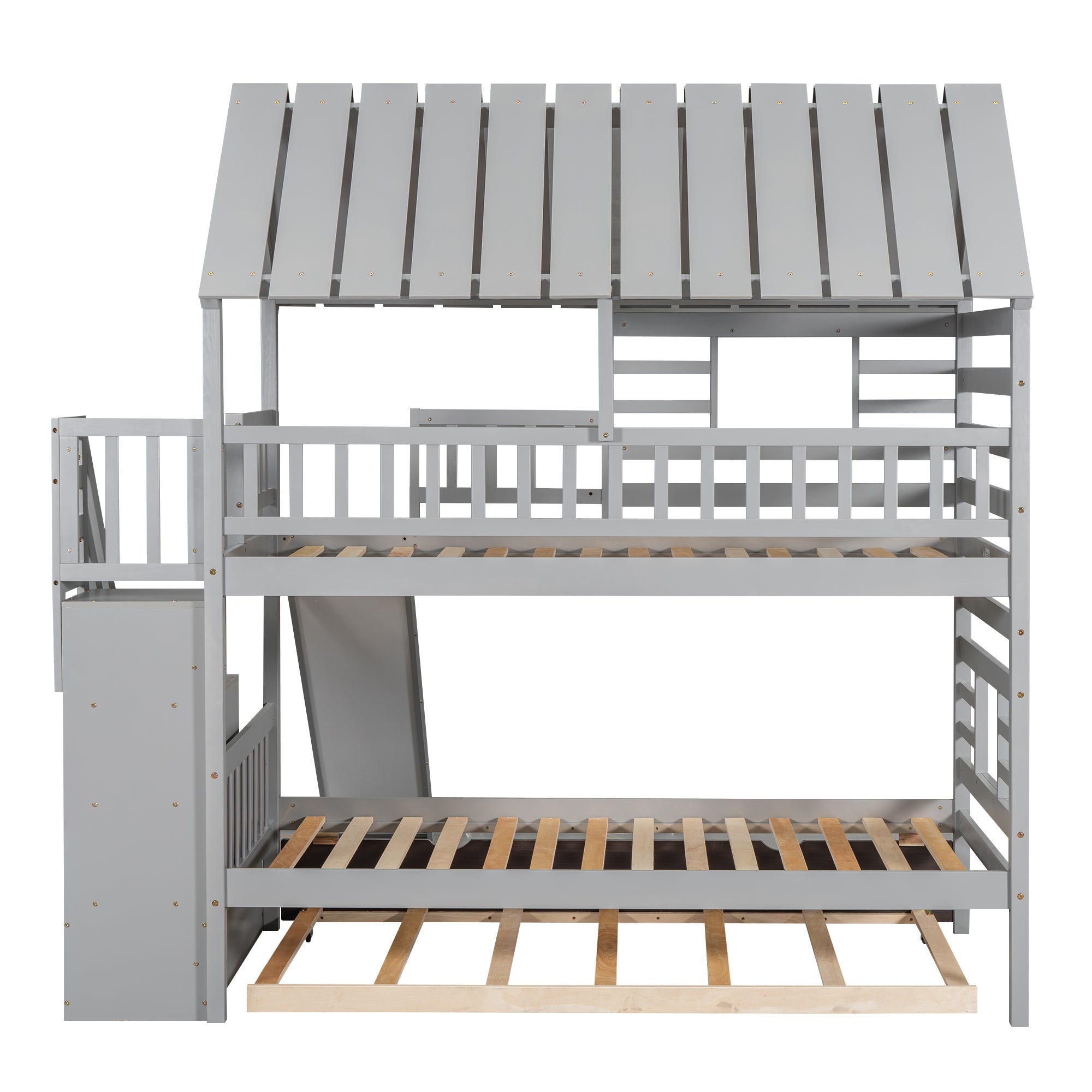 Twin over Twin House Bunk Bed with Trundle and Slide Storage Staircase, Roof and Window Design Gray