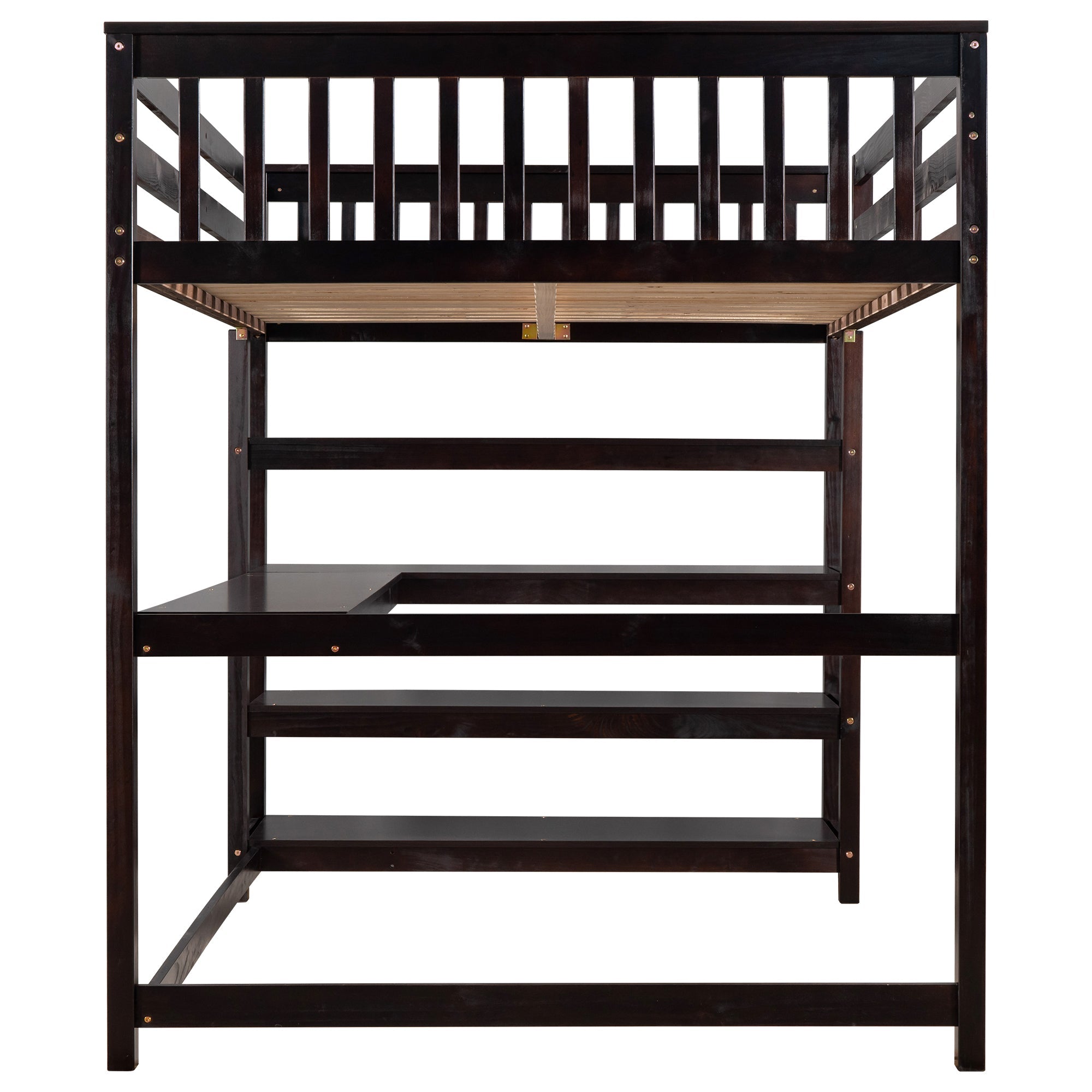 Full Size Loft Bed with Storage Shelves and Under-bed Desk Espresso