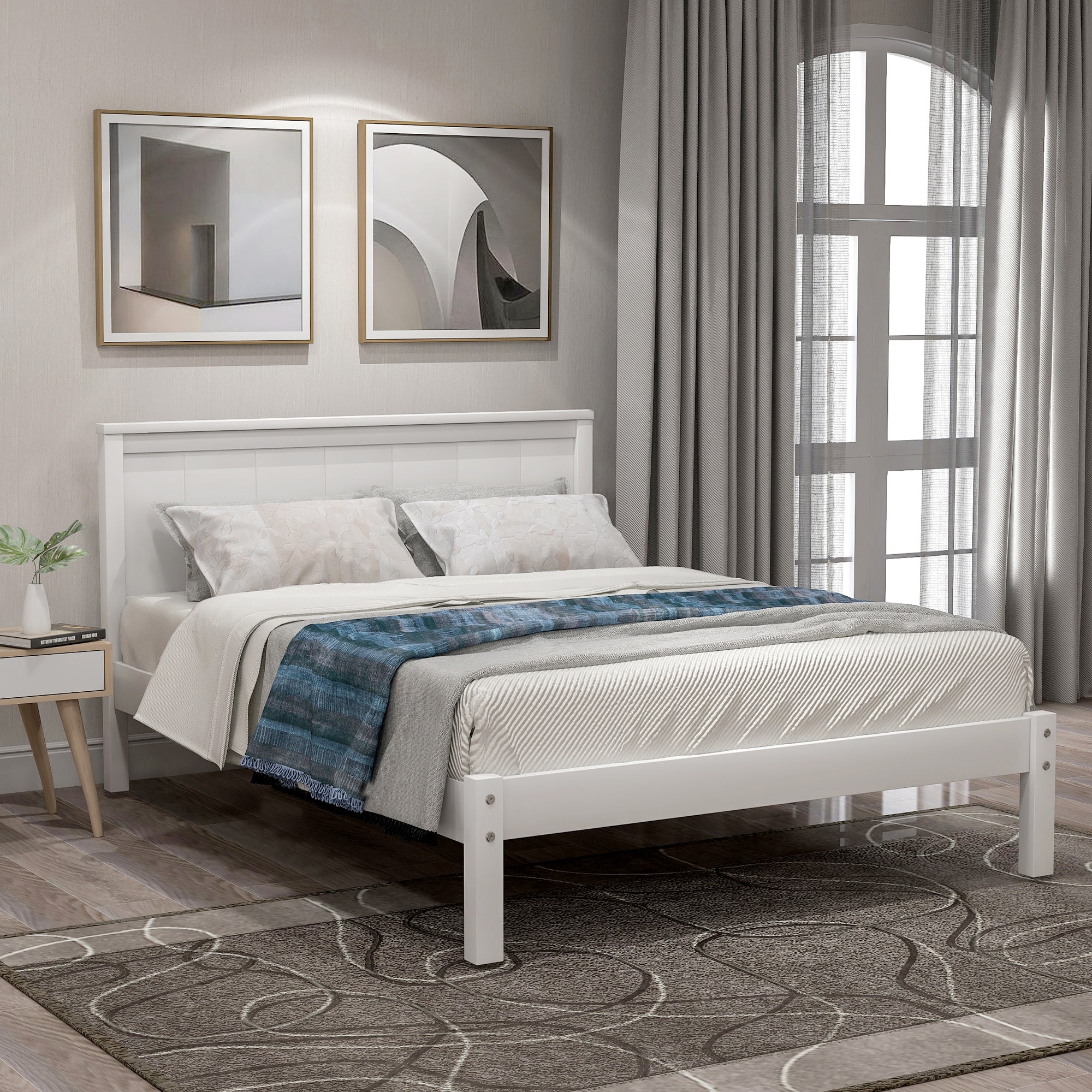 Platform Bed Frame with Headboard Wood Slat Support No Box Spring Needed Twin White