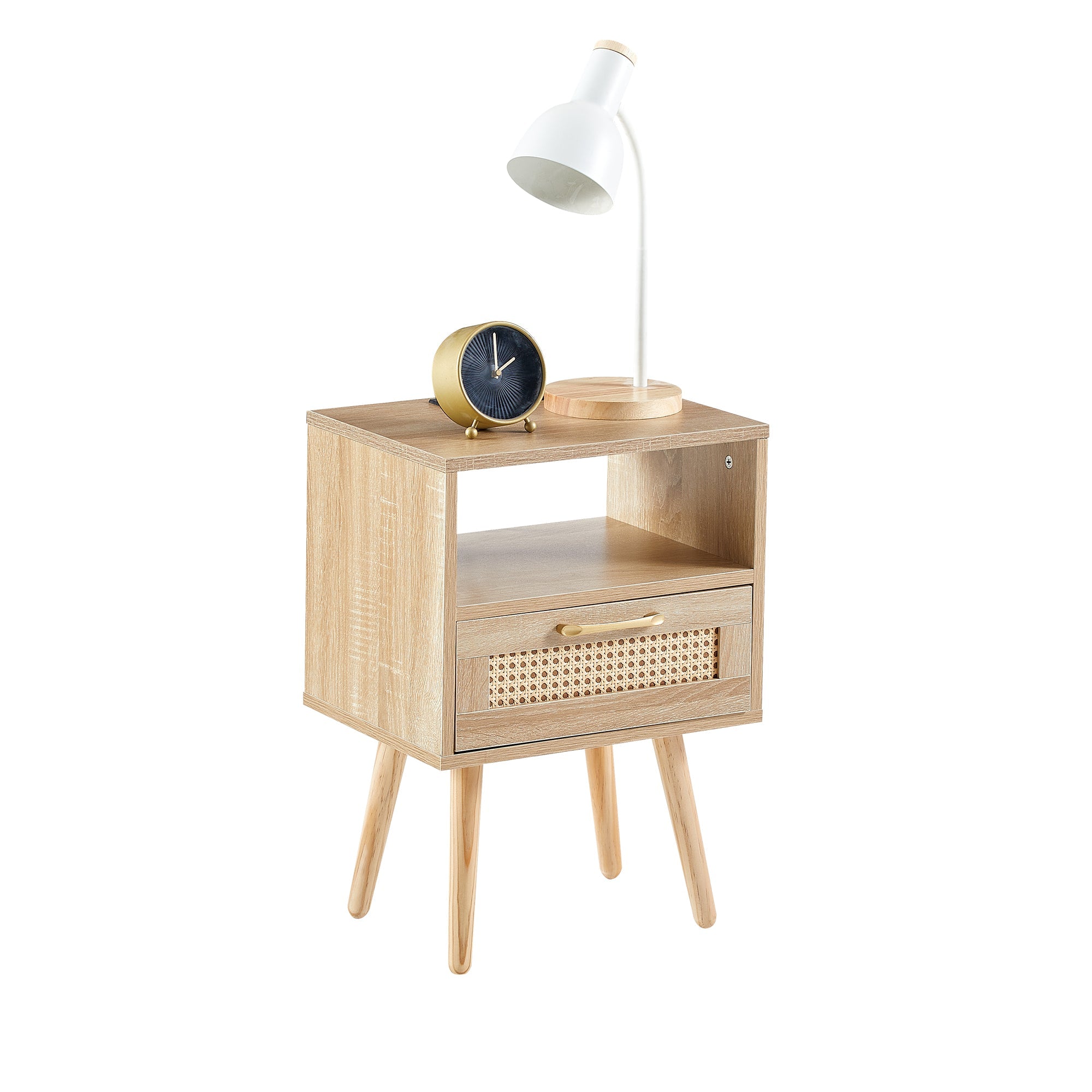 15.75" Rattan End table with Power Outlet & USB Ports Modern nightstand with drawer and solid wood legs