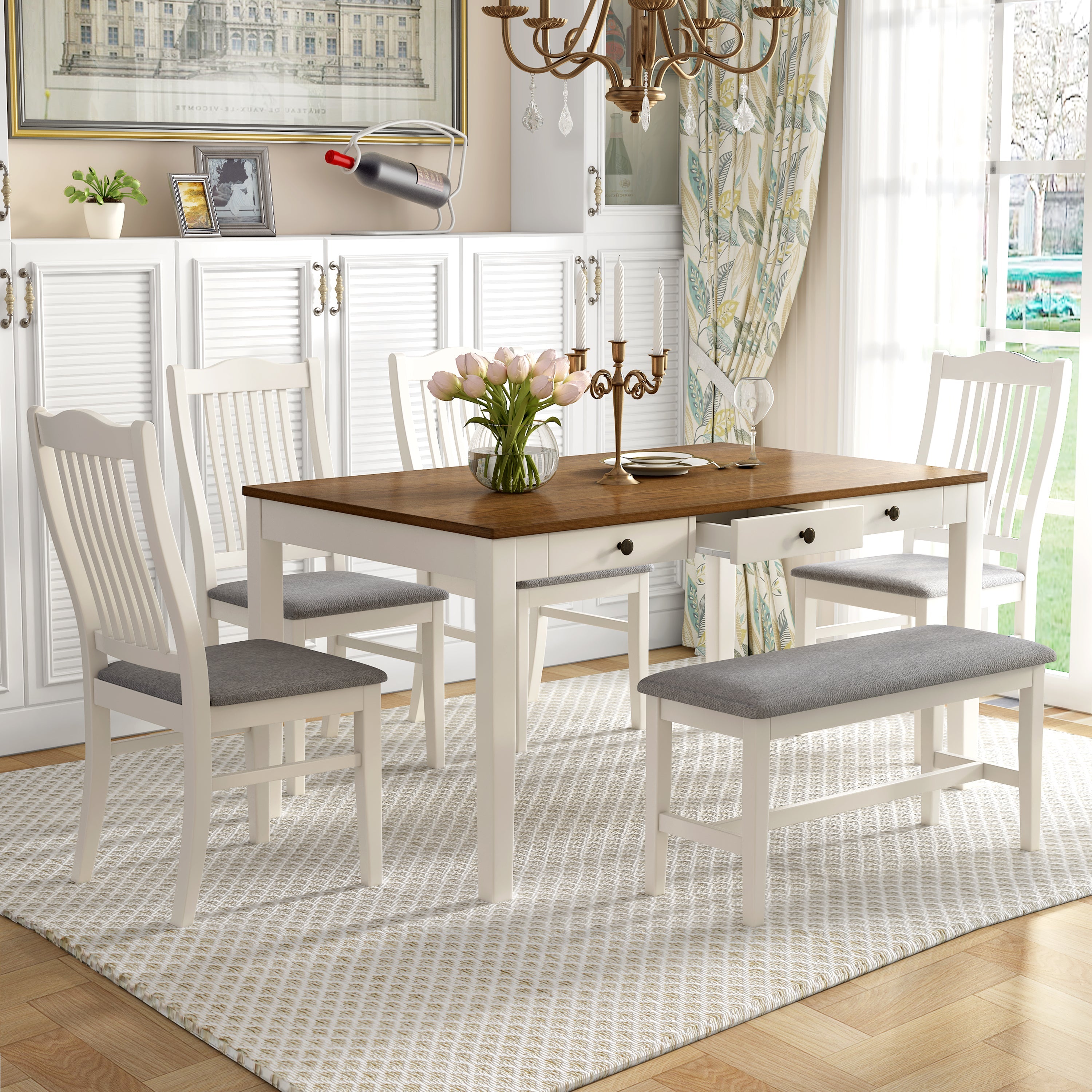 TOPMAX Mid-Century 6-Piece Wood Dining Table Set, Kitchen Table Set with Drawer Upholstered Chairs and Bench Butter Milk