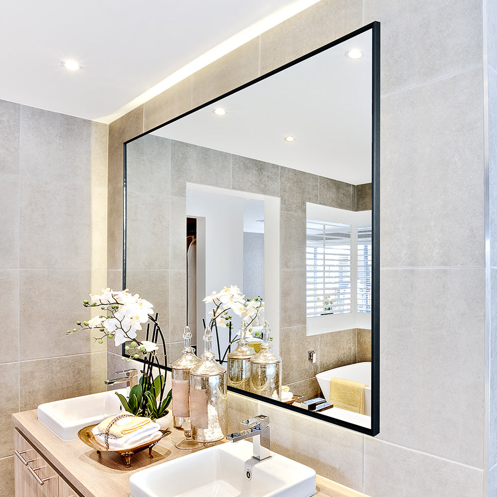 36x24 inch modern black bathroom mirror with aluminum frame decorative wall mirror suitable for living room, bedroom