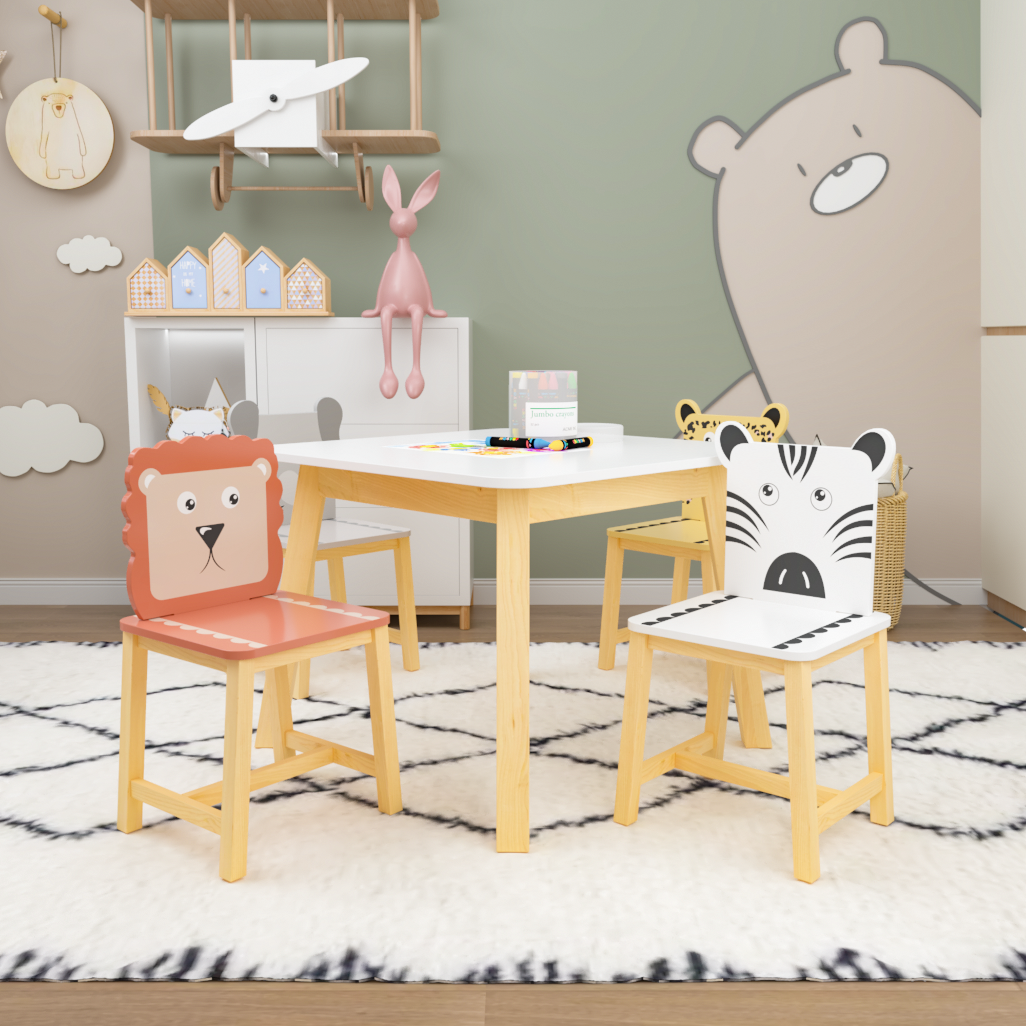 5 Piece Kiddy Table and Chair Set Kids Wood Table with 4 Chairs Set Cartoon Animals (bigger table) (3-8 years old)