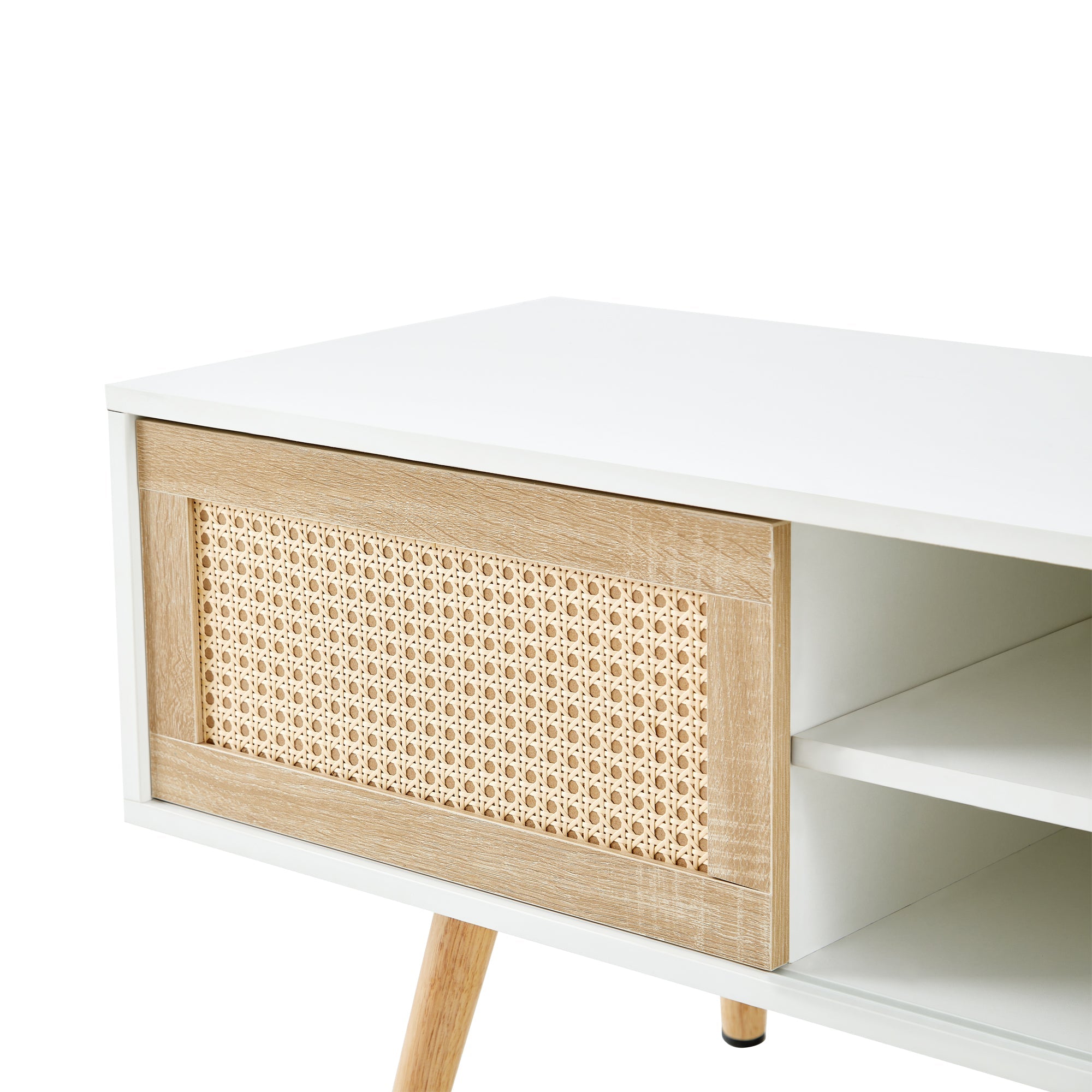 55.12" Rattan TV cabinet double sliding doors for storage adjustable shelf solid wood legs TV console for living room White