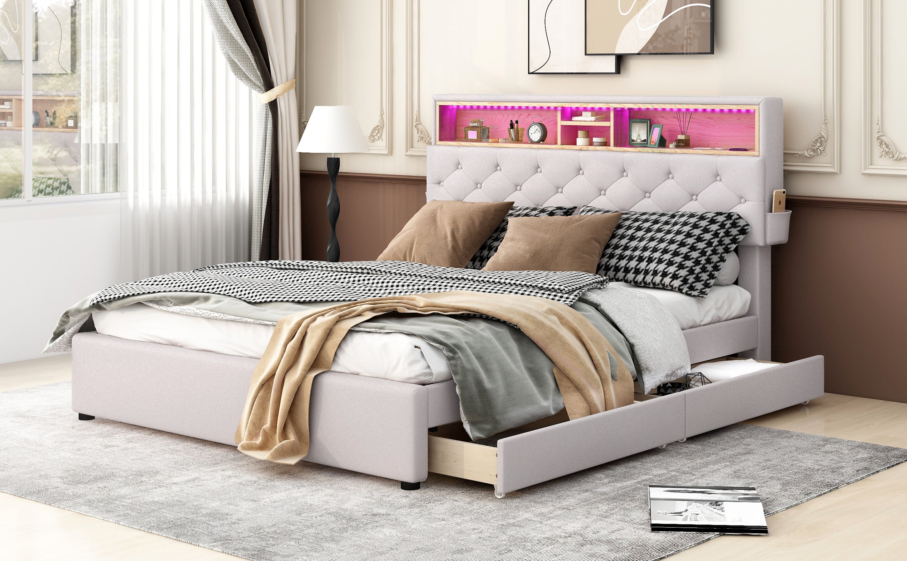 Queen Size Upholstered Platform Bed with Storage Headboard LED USB Charging and 2 Drawers Beige