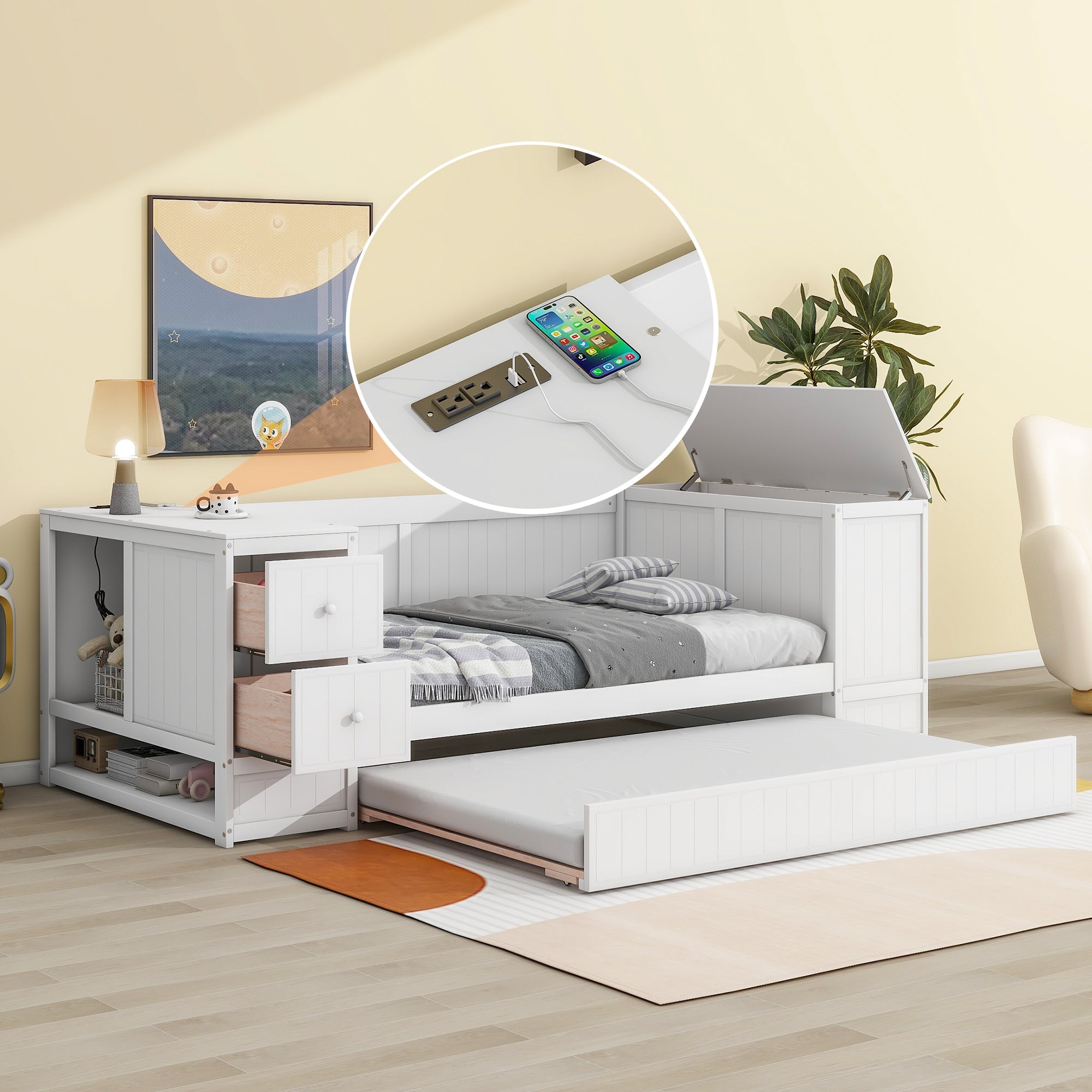 Twin Size Daybed with Storage Arms Trundle and Charging Station White
