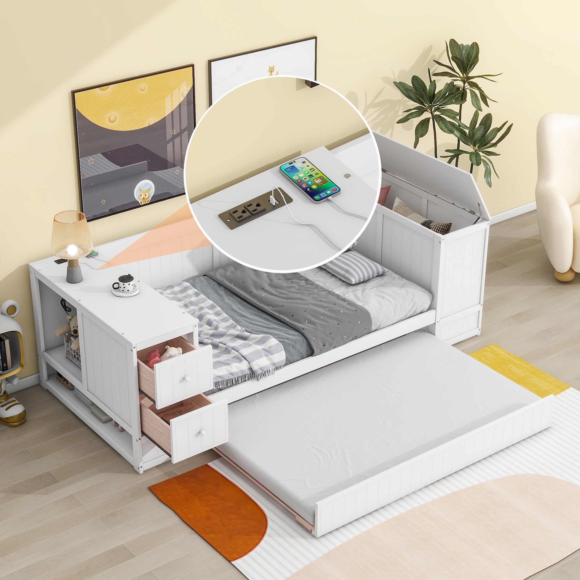 Twin Size Daybed with Storage Arms Trundle and Charging Station White