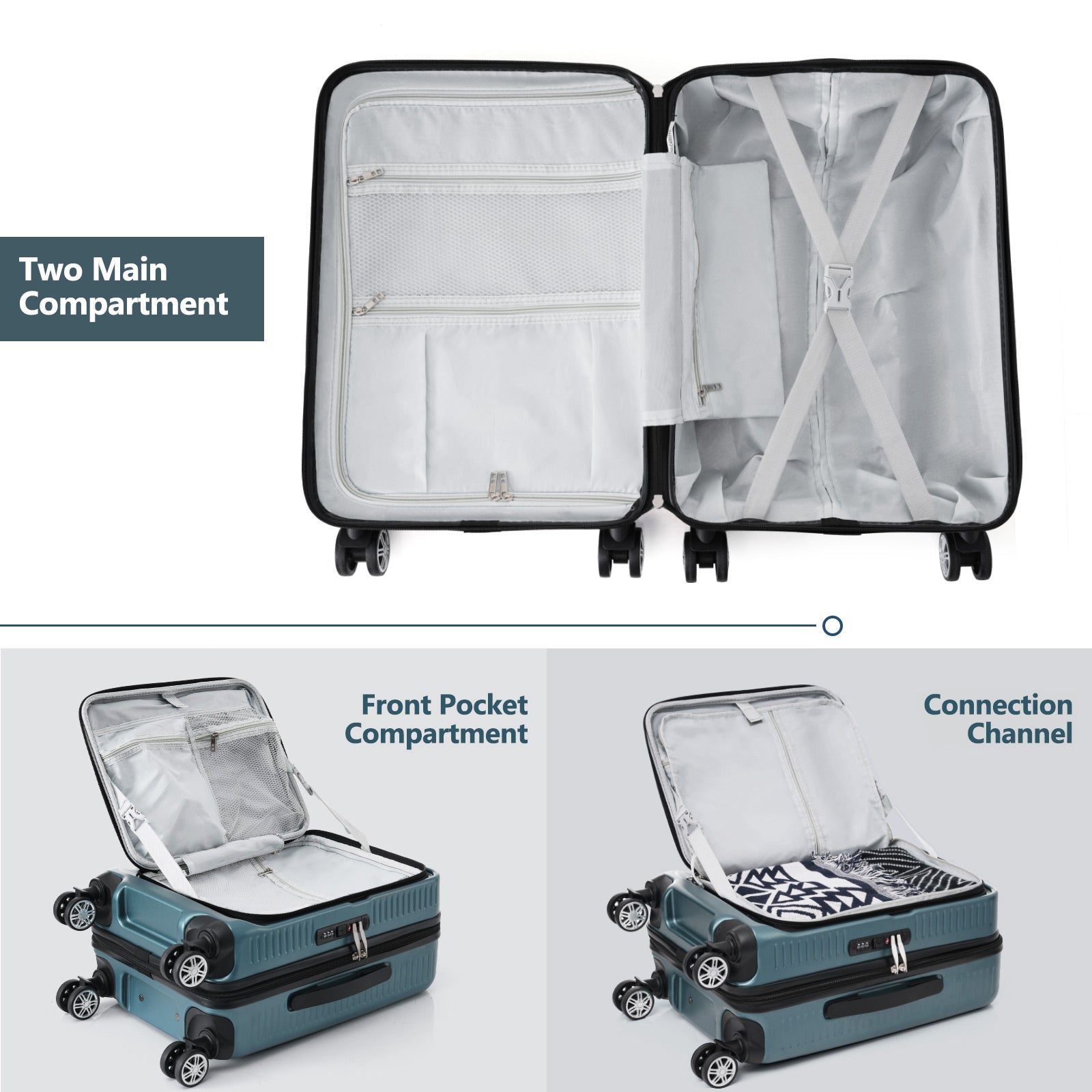 Carry-on Luggage 20 Inch Front Open Luggage Lightweight Suitcase with Front Pocket and USB Port, 1 Portable Carrying Case Blue