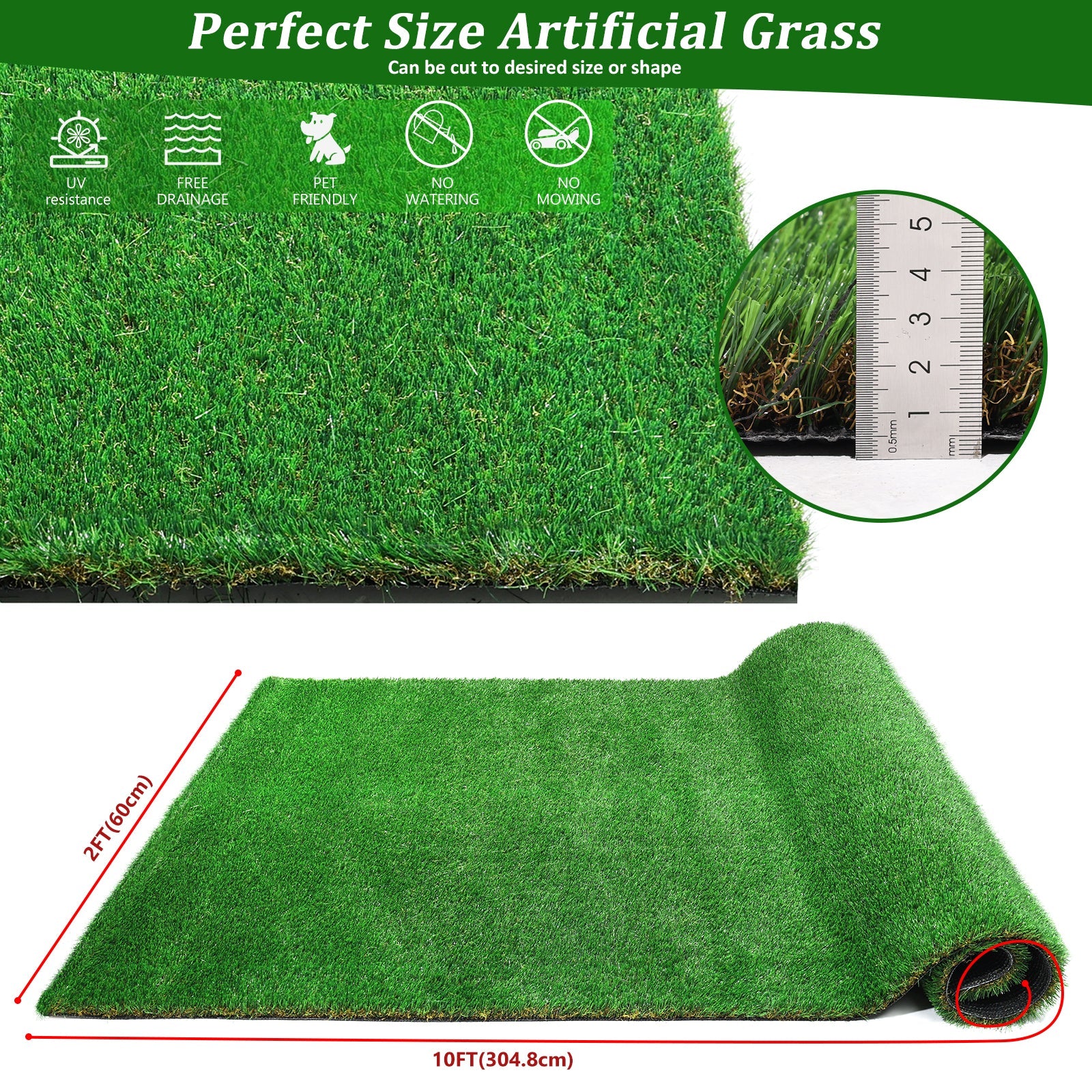 2FTX10FT Outdoor Artificial Grass Runway Blanket, Thick and Realistic Fake Grass Roll Decoration 1.38 "Pile Height
