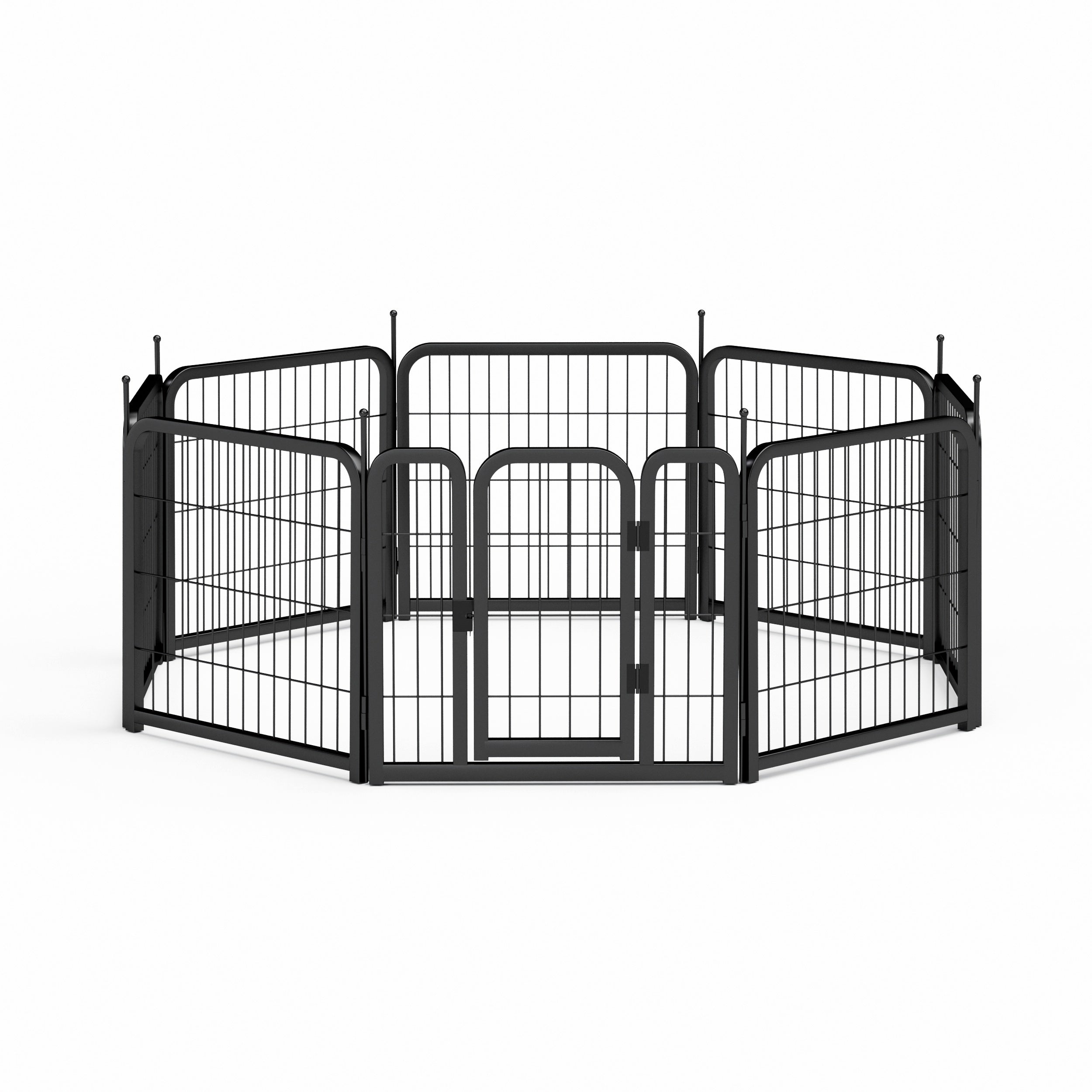 8-panel dog fence, 24 inch small dog pet fence, portable indoor pet game fence. Black, 22.2 inches wide x 23.6 inches high.