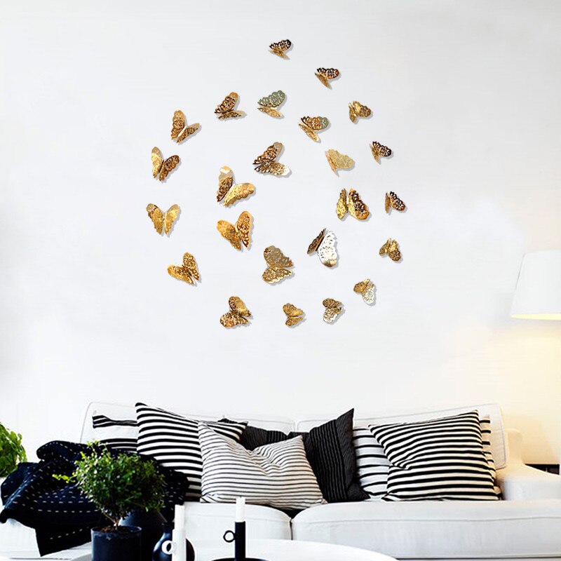 12pcs 3D Hollow Butterfly Wall Sticker for Home Decor DIY Butterflies Fridge stickers Room Decoration Party Wedding Decor