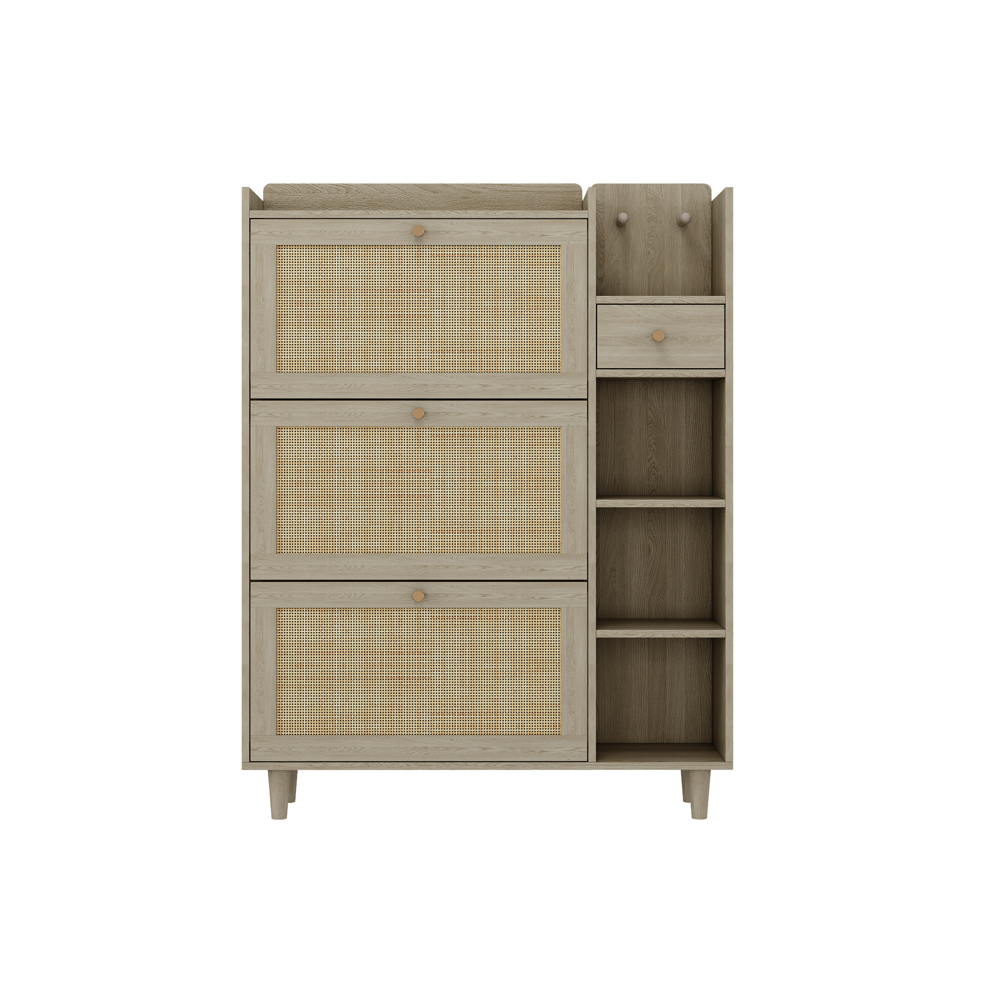 Natural Bohemian style shoe cabinet with 3 rattan flip drawers, 3 square shelves, and 1 storage drawer, Natural