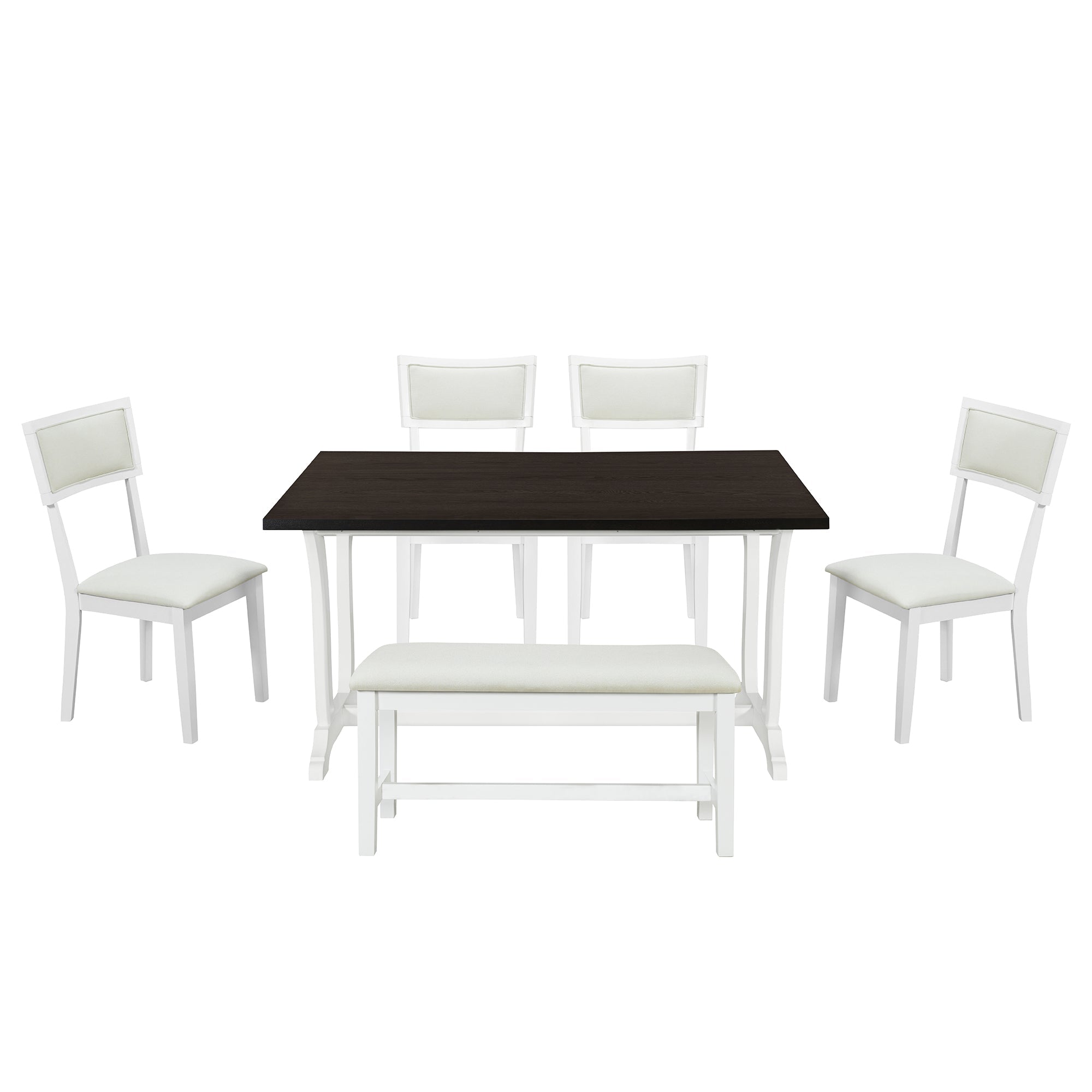 TOPMAX Farmhouse 6-Piece Trestle Dining Table Set with Upholstered Dining Chairs and Bench 59inch, White