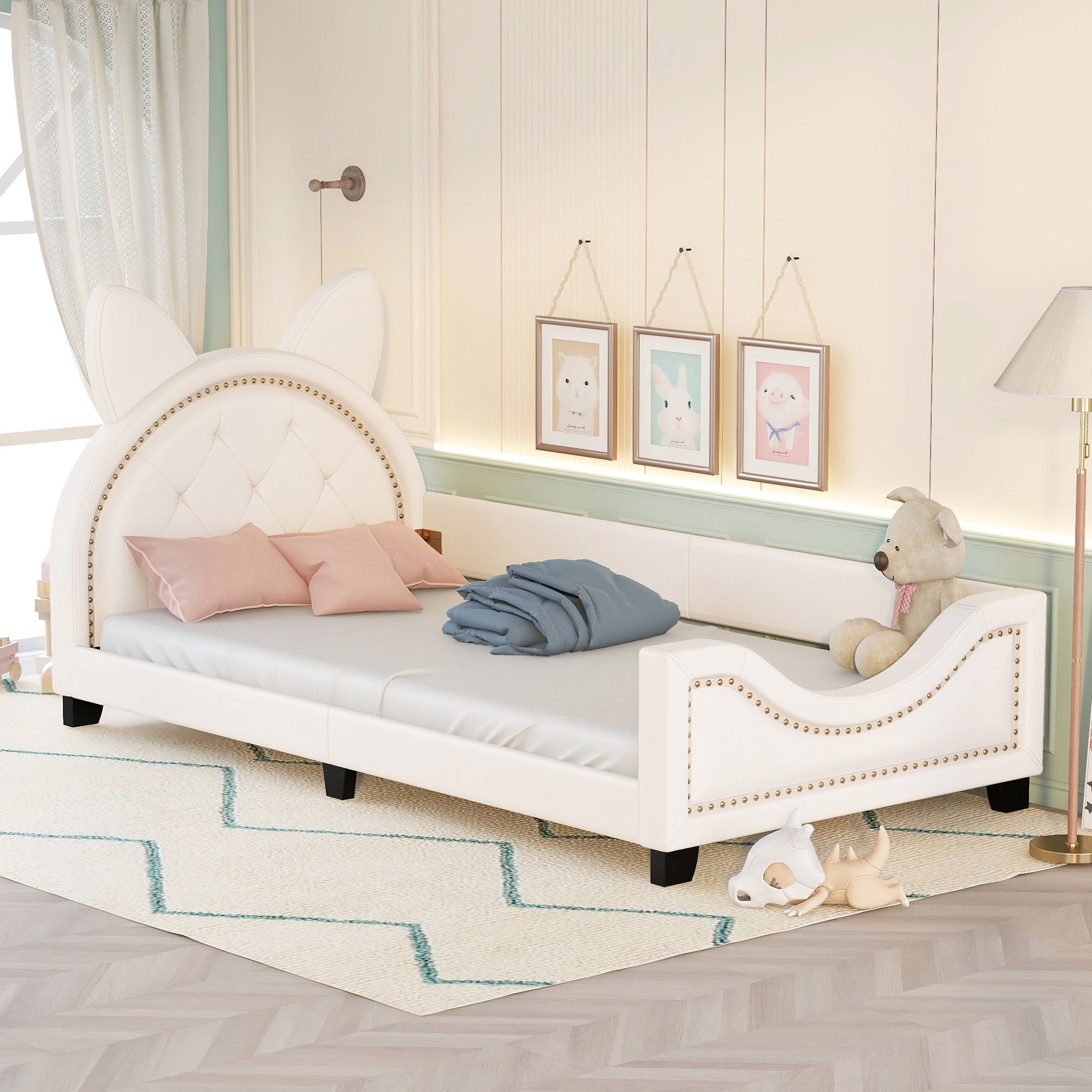 Twin Size Upholstered Daybed with Carton Ears Shaped Headboard White