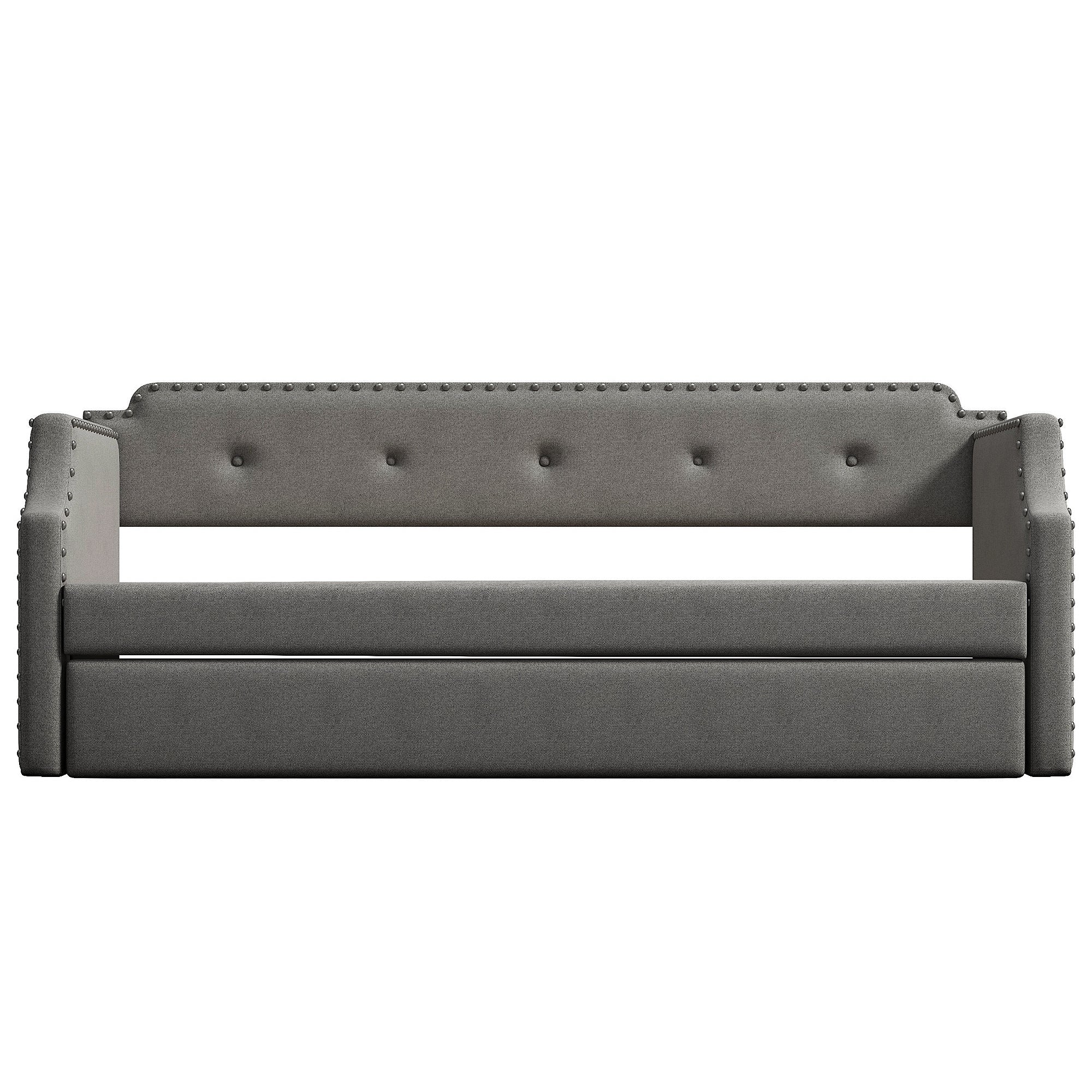 Upholstered Daybed with Trundle, Wood Slat Support,Upholstered Frame Sofa Bed Twin Gray