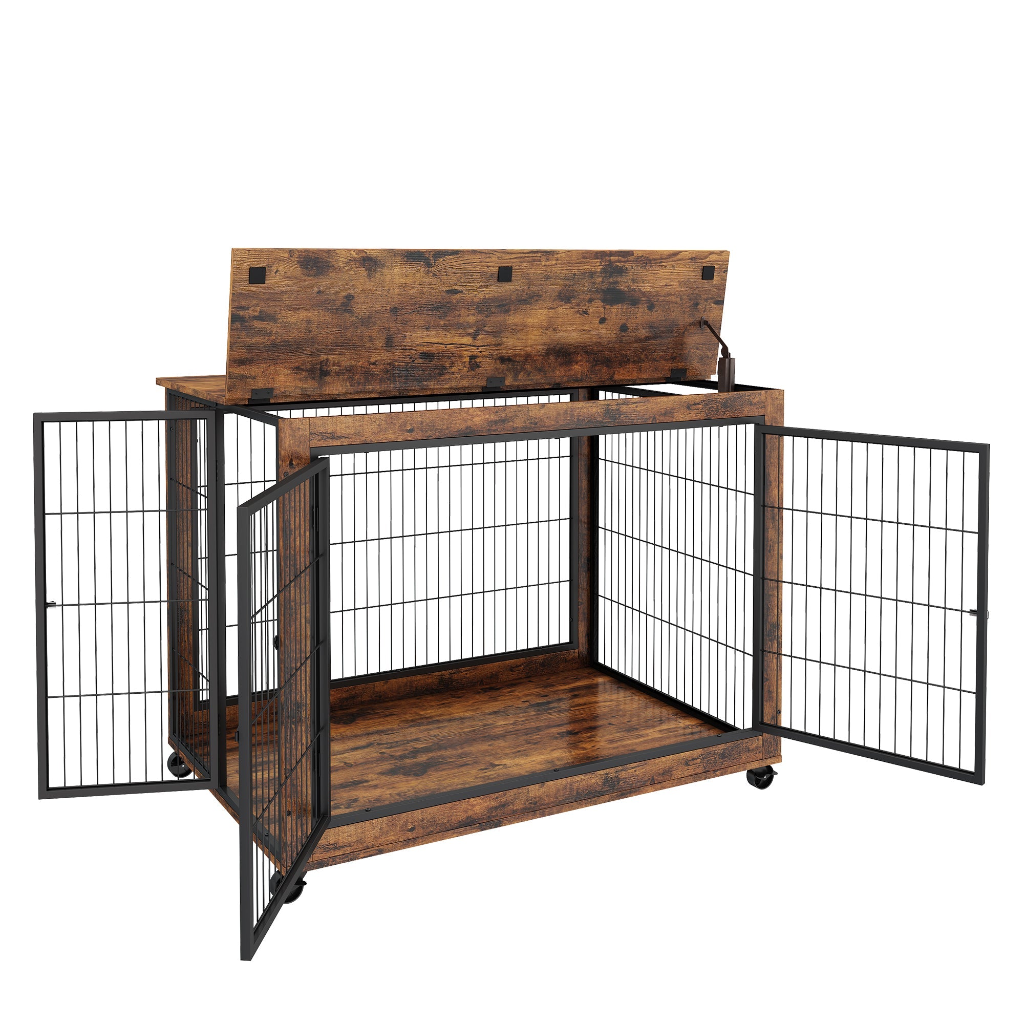 Furniture Style Dog Crate Side Table on Wheels with Double Doors and Lift Top. Rustic Brown, 43.7&